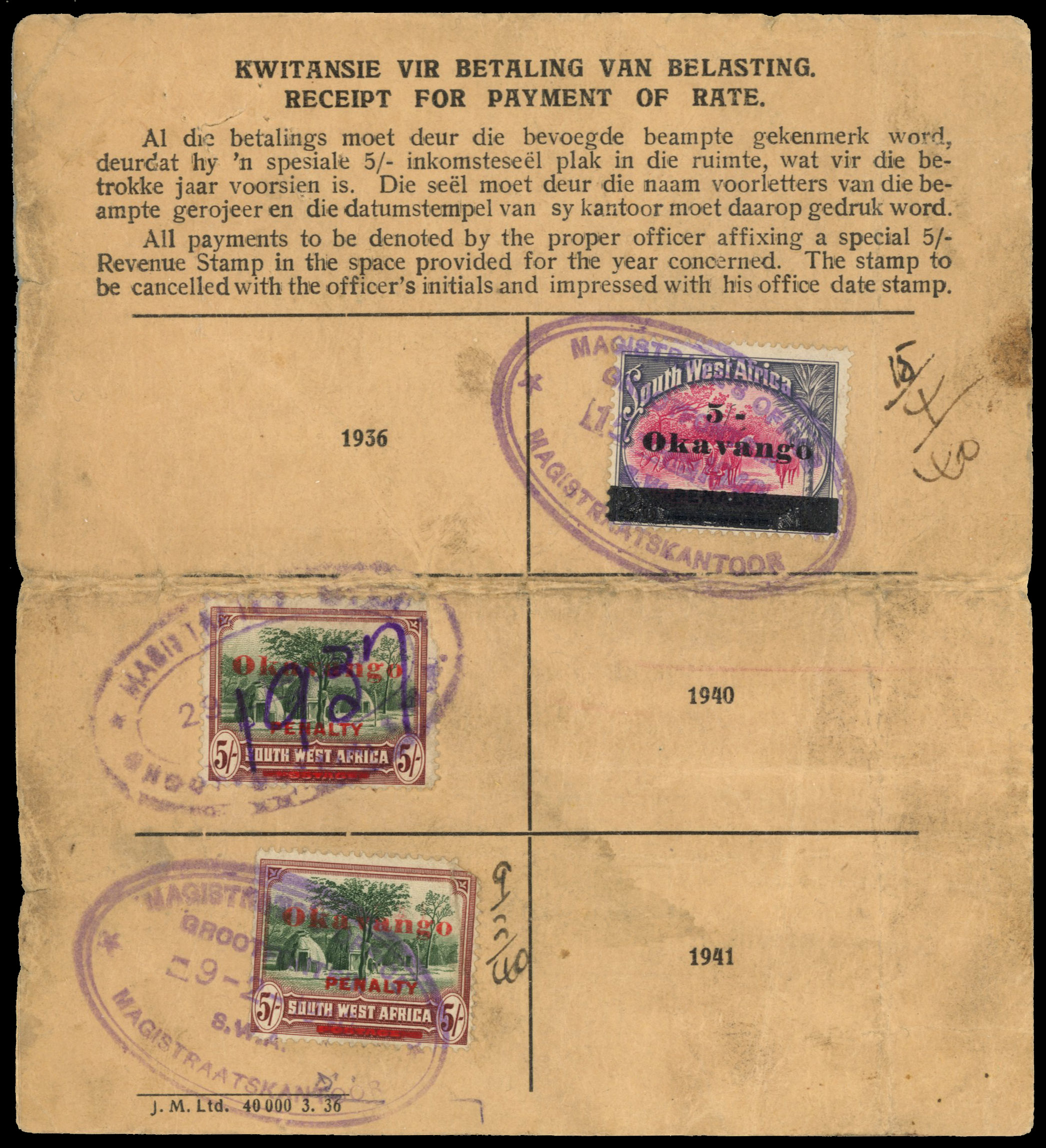 South West Africa. Tribal Taxes; Okavango. Registration card showing payments for 1937-39