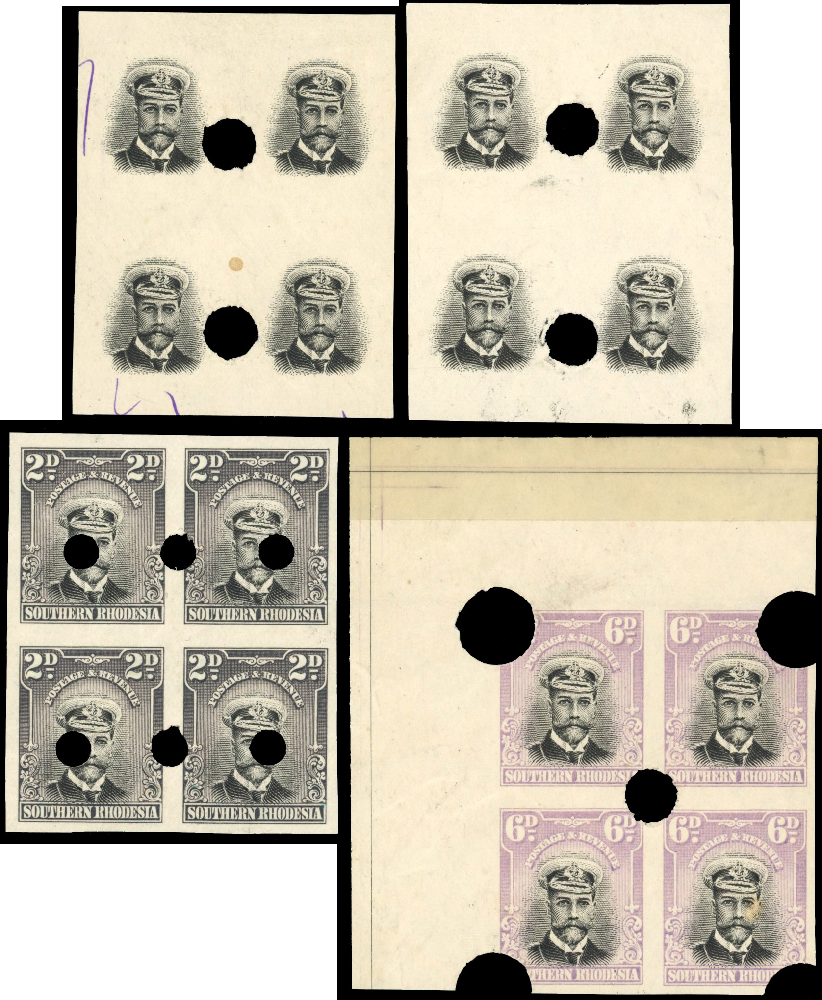 Southern Rhodesia 1924 Admiral 2d and 6d plate proof blocks