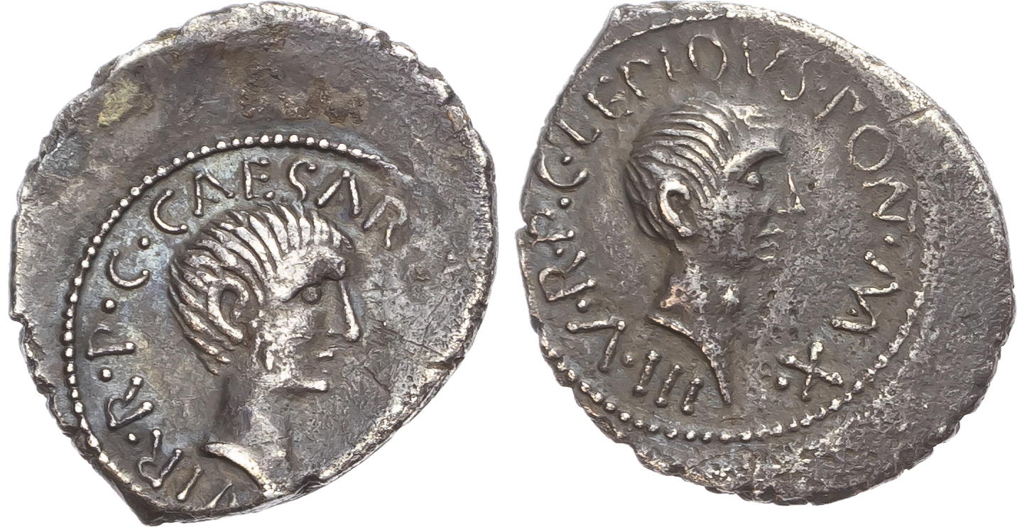 Lepidus & Octavian (43 BC) AR Denarius, military mint moving with Lepidus in Italy, 3.62g. 