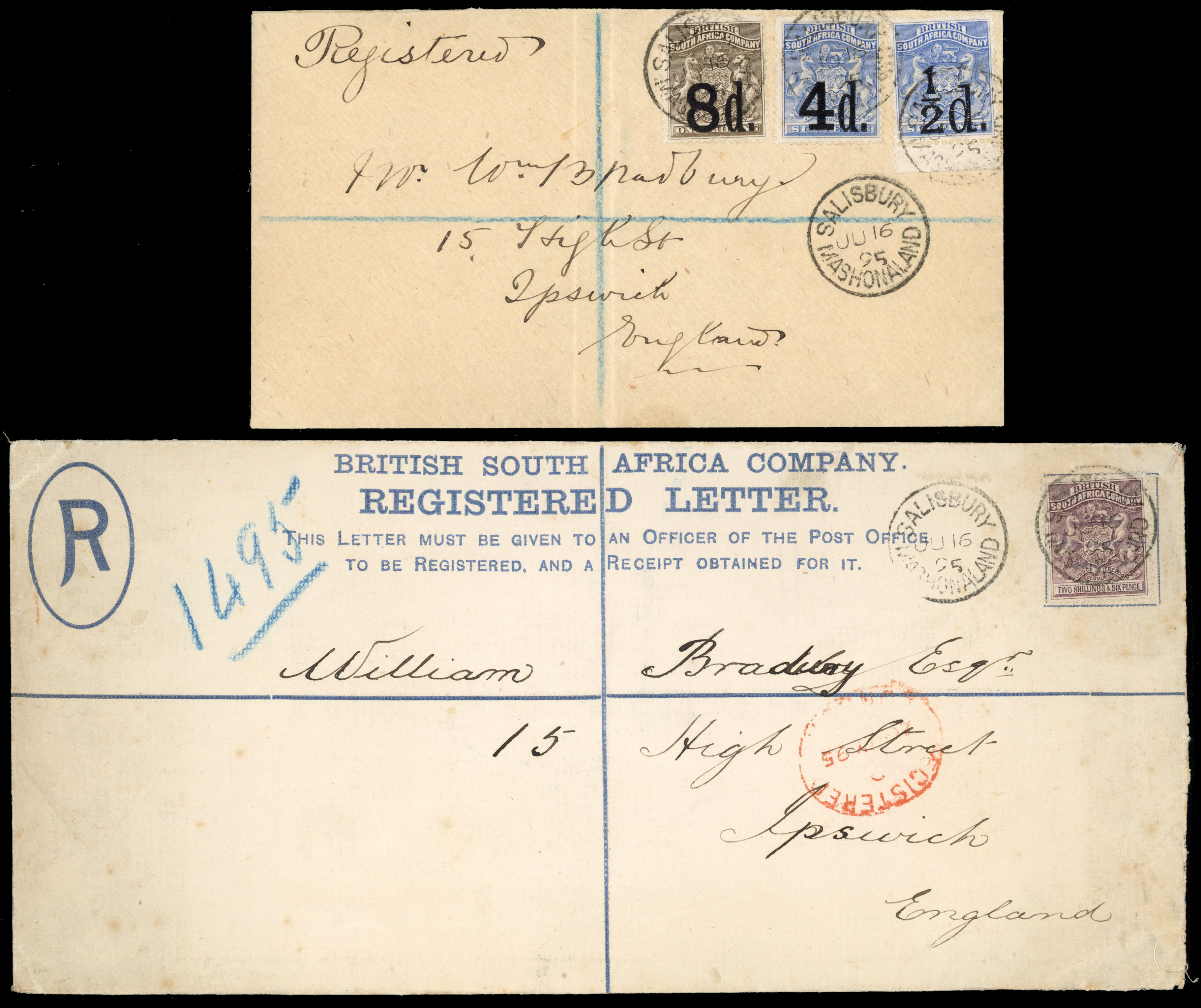 Rhodesia SG 14, 16-7 1892 provisionals on 1895 cover