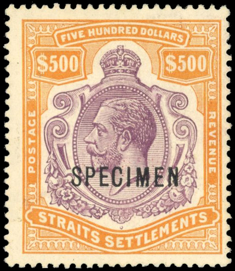 Straits Settlements SG 215s 1912-23 $500 overprinted Specimen