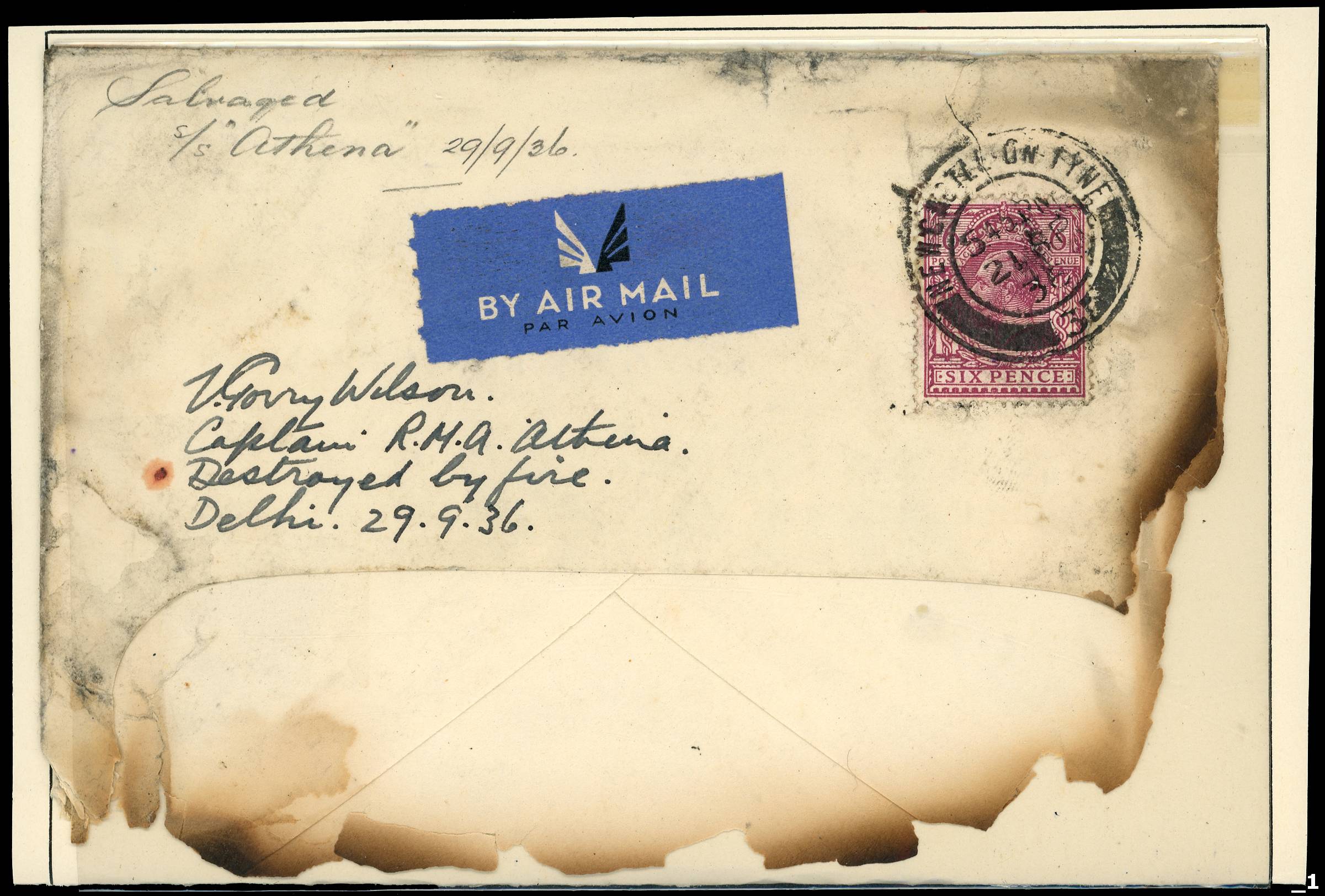 CRASH COVER: 1936 (29th September) KGV 6d purple on cover cancelled Newcastle-Upon-Tyne, 