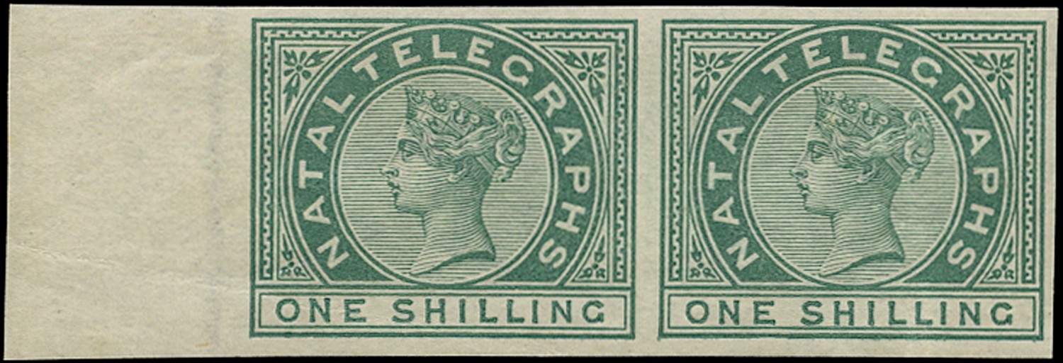 Telegraphs. 1881 1s deep blue-green, horizontal IMPERFORATE pair...