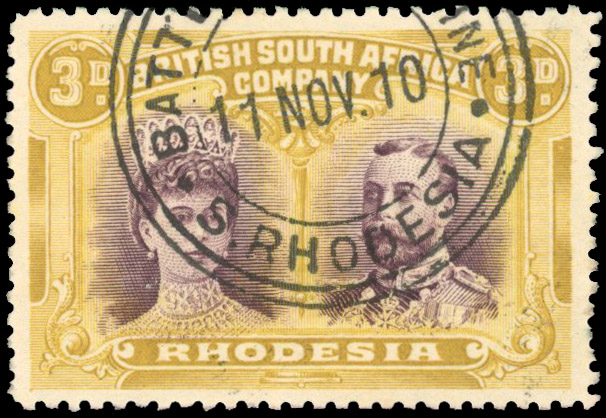 Rhodesia 1910-13 3d purple and yellow-ochre perf 14 cancelled first day