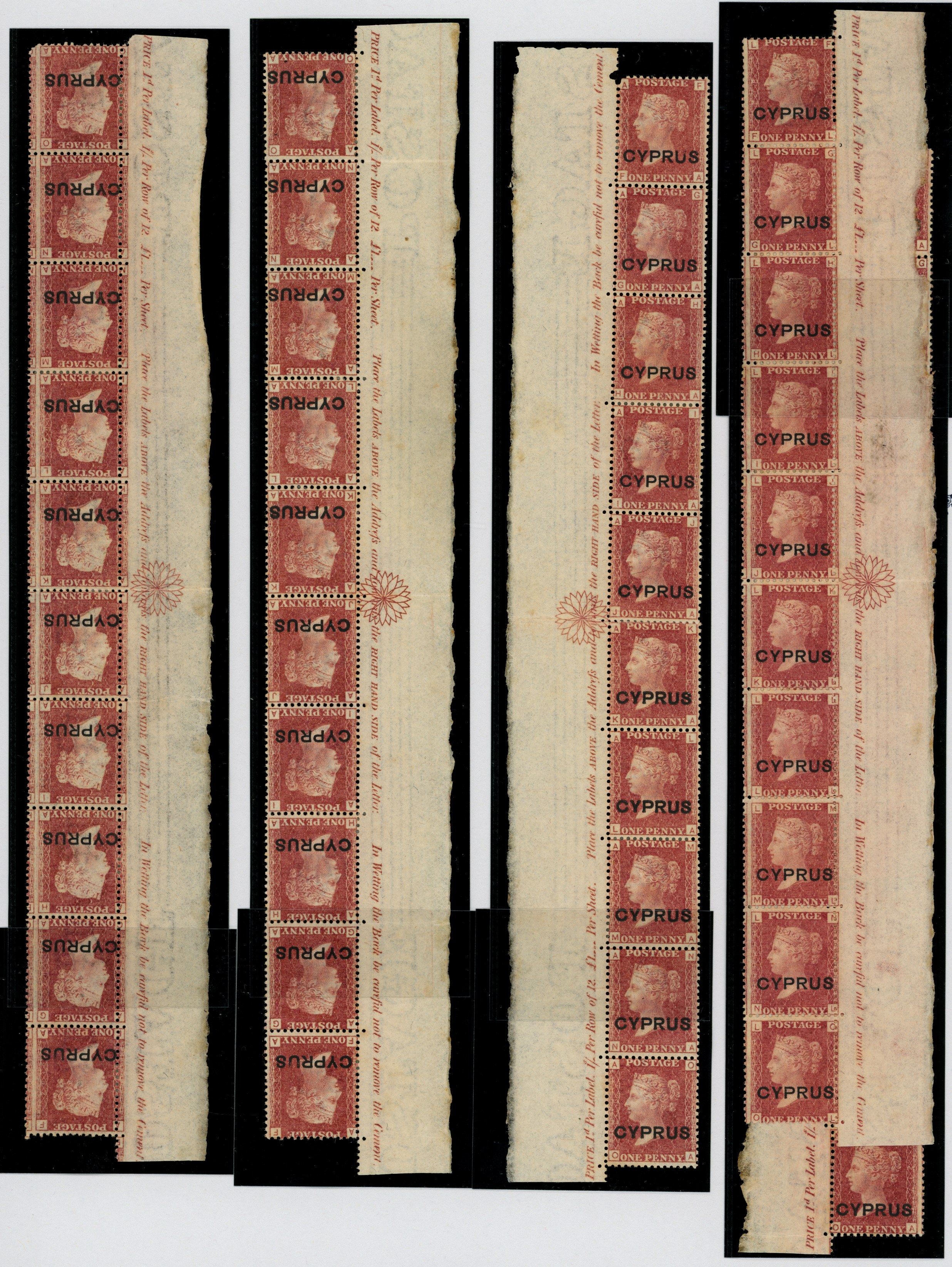 Cyprus SG 2 1d rose-reds five vertical strips of 10 with complete side marginal inscriptions and plate markings. 