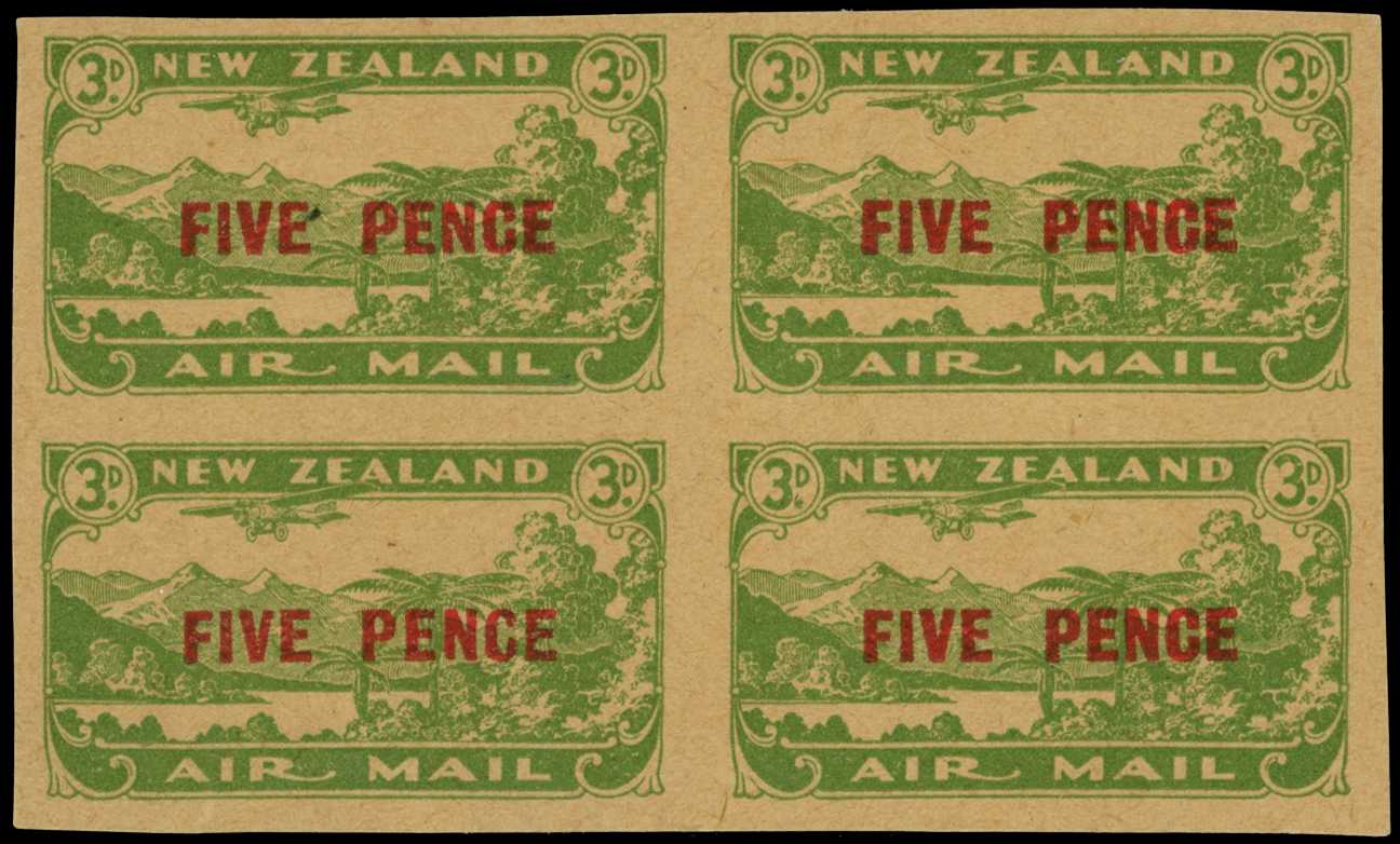 1931 5d on 3d green Airmail imperforate block...