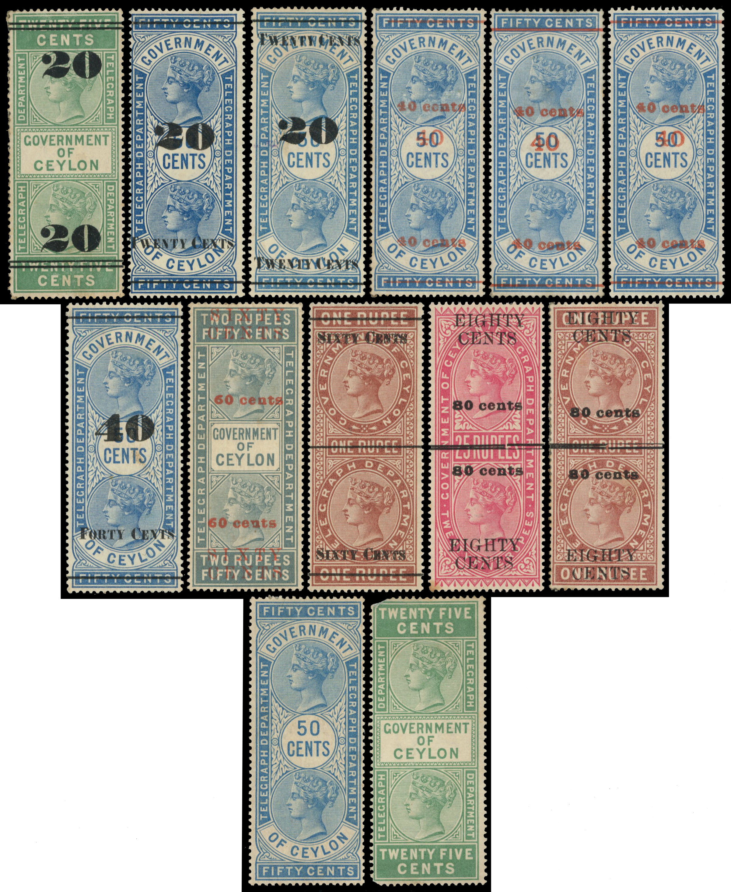 Ceylon Telegraph Mint collection of surcharges on Hagner Sheet