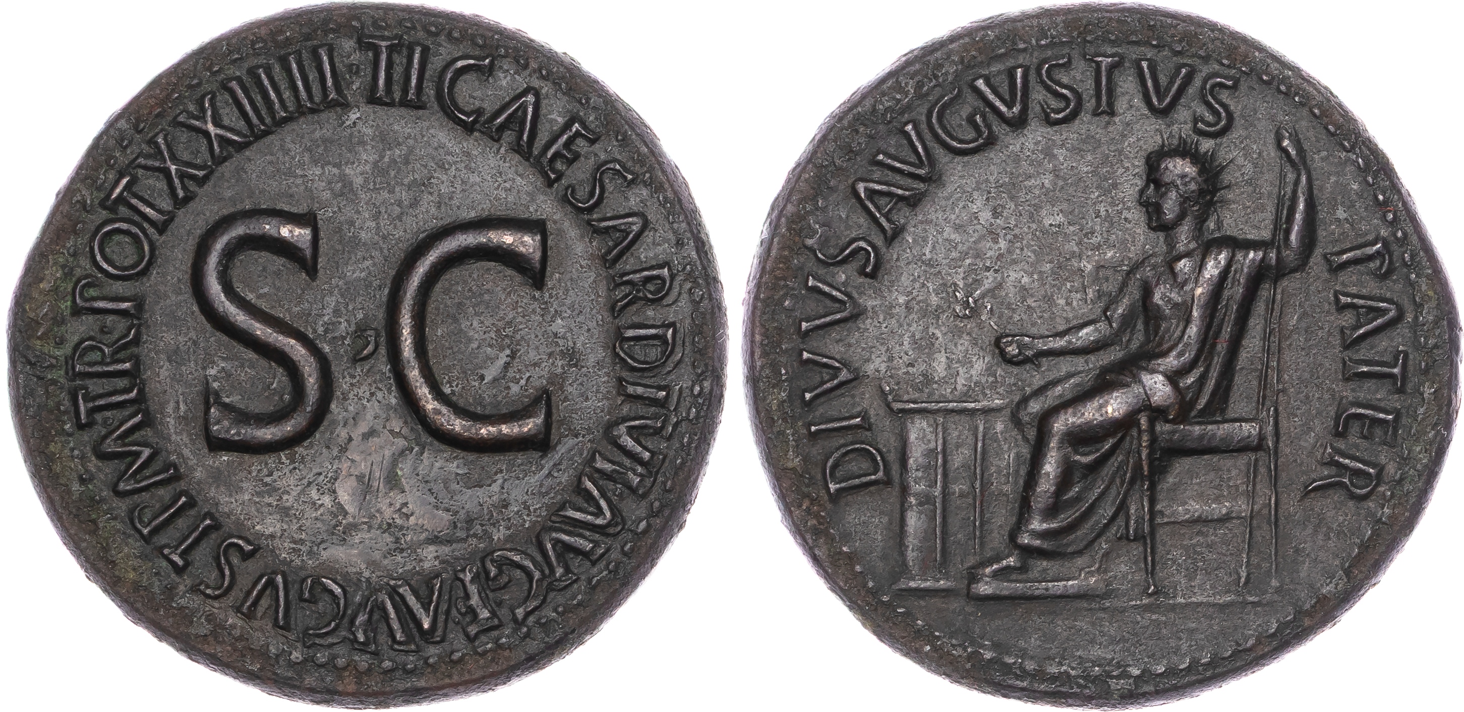 Augustus (27 BC–AD 14) AE Sestertius, Rome, commemorative issue under Tiberius, c. AD 22-23, 27.67g.