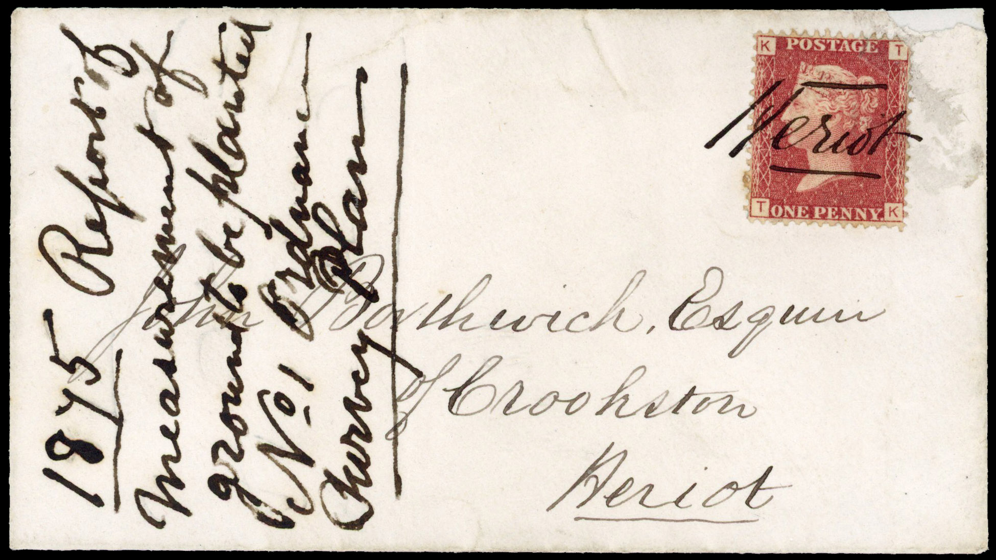 1869 1d Rose-red Pl.122. Envelope addressed to Heriot. Manuscript obliteration