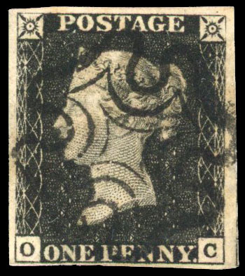 1840 1d black Plate 4 (OC) four margin example cancelled with crisp black MC SG 2