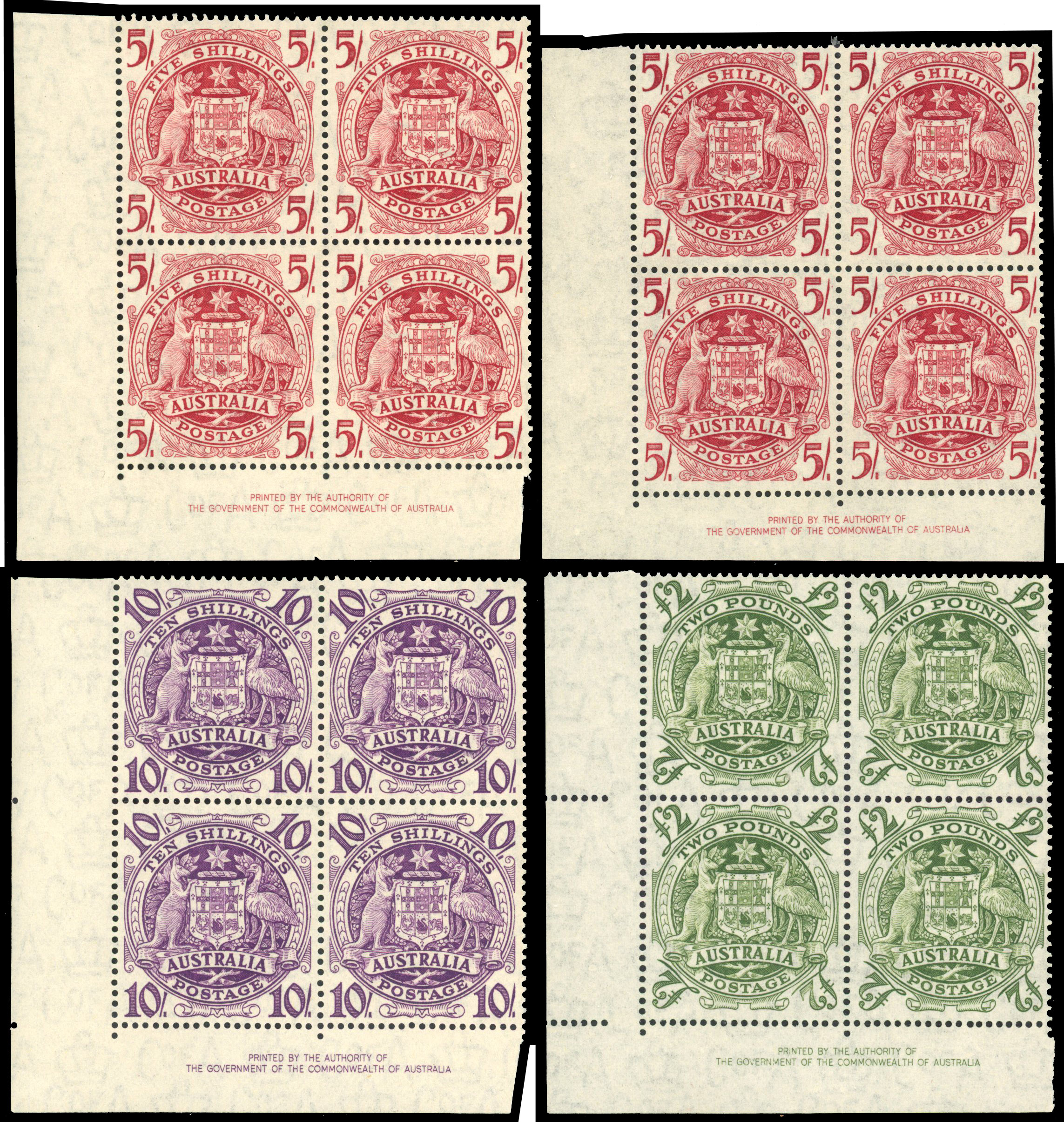 1948 5s, 5s thin paper 10s and £2 in lower left hand imprint blocks of 4 with 10s, £1 and £2 overprinted “SPECIMEN” fine