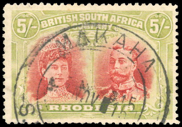 Rhodesia 1910-13 5s scarlet and pale yellow-green perf 14 used