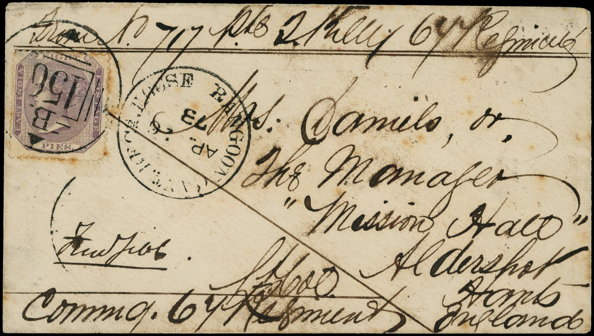 BURMA: 1873 (26 Apr) cover to Aldershot, army concession rate with India 8pi tied by 'RANGOON/CANT[ONMENT]/RECG.