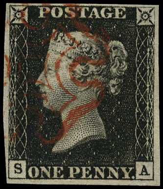 1840 1d black Plate 4 (SA) four clear to...