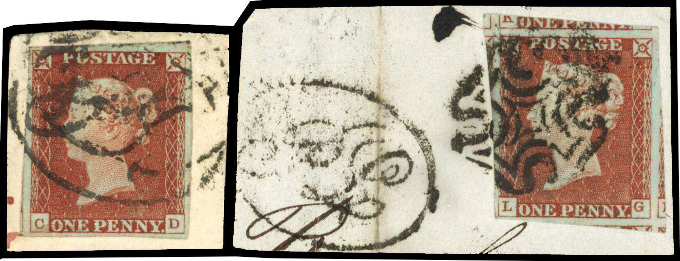 1841 1d red-brown (CD & LG). Two four-margined examples both tied to piece