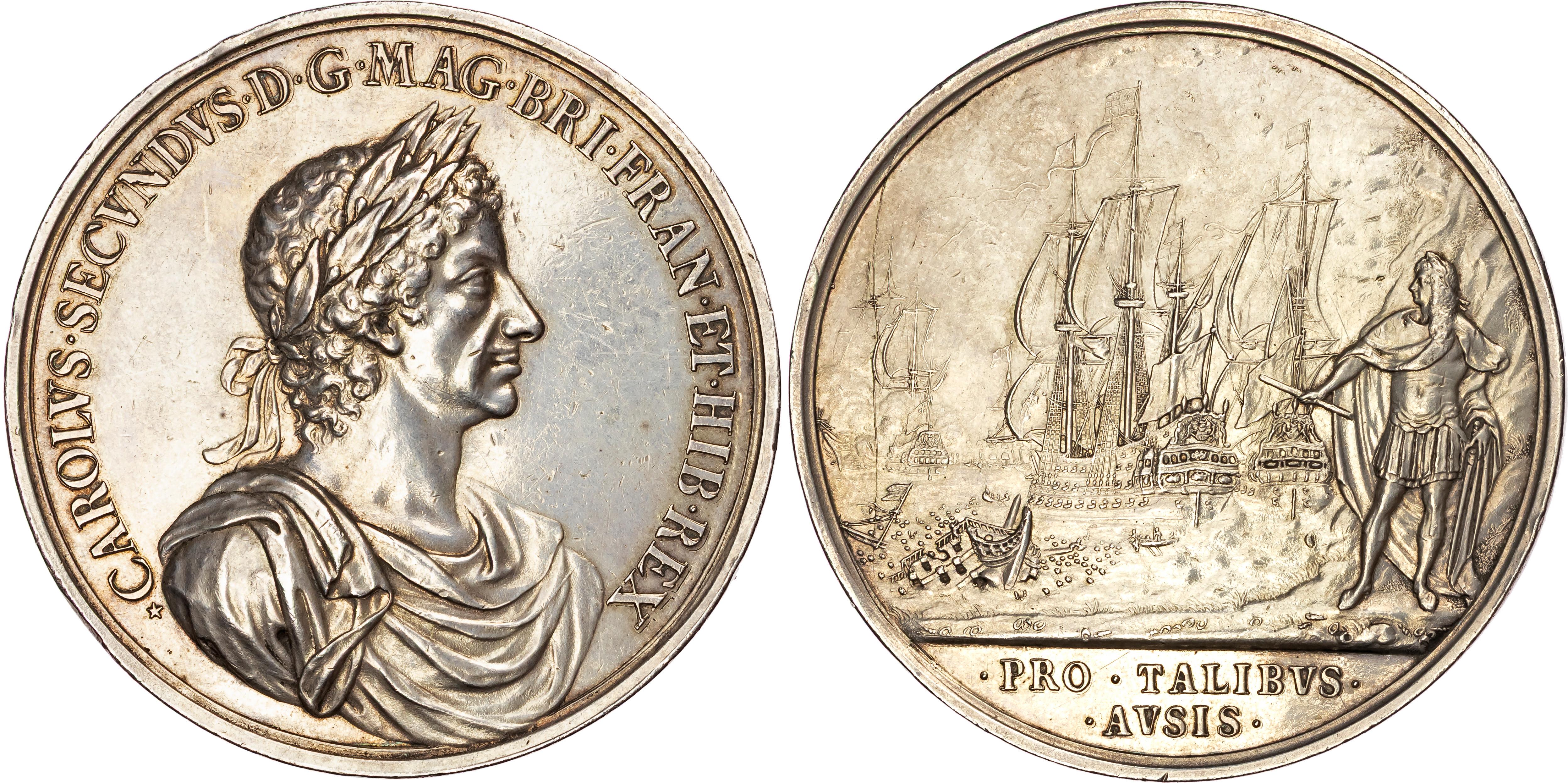 Charles II 1660-1685, Naval Reward and the Battle of Lowestoft (1665), silver medal by John Roettier.