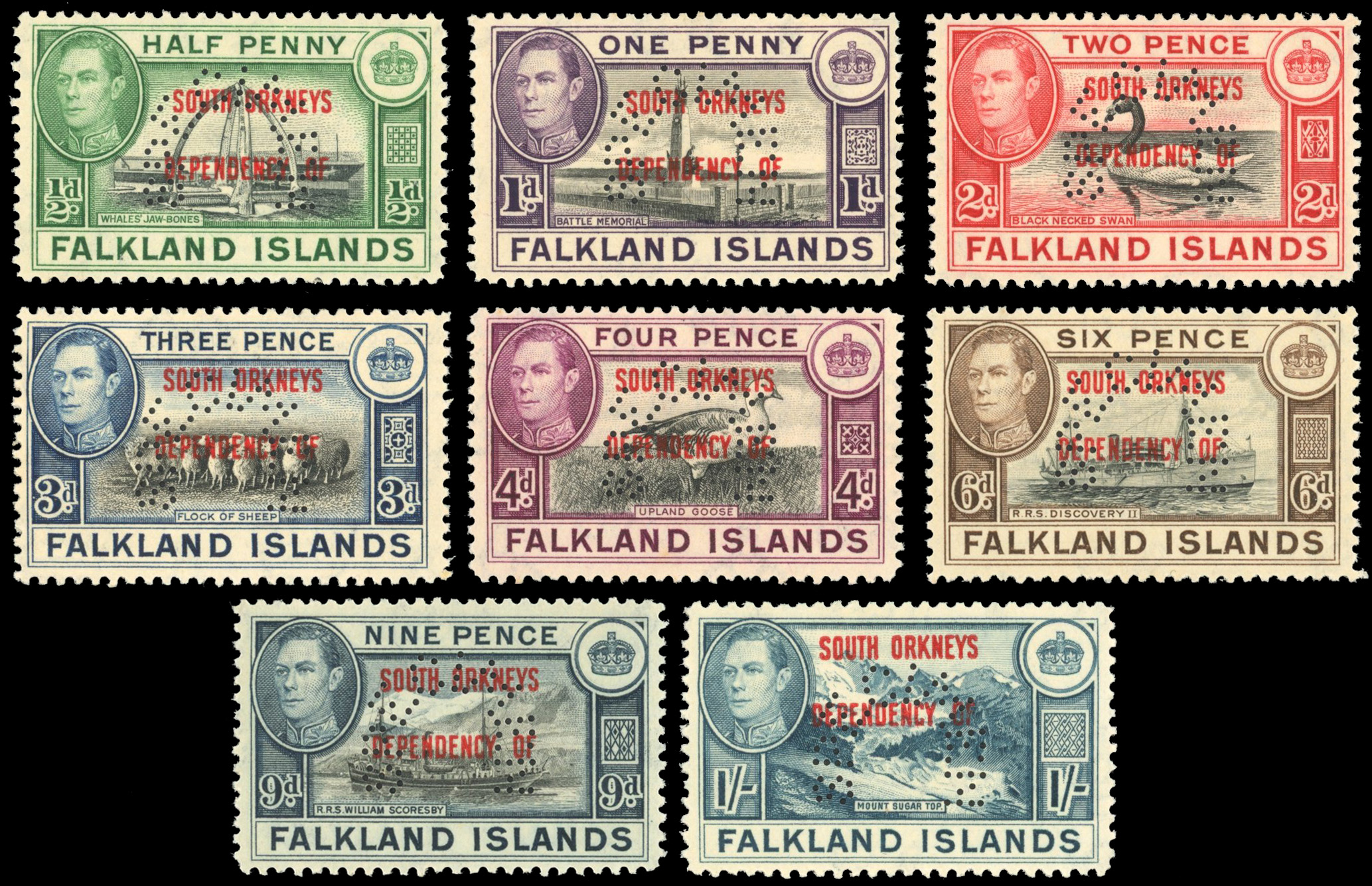 Falkland Islands Dependencies SG C1s/C8s 1944-45 South Orkneys set of 8 perf specimen