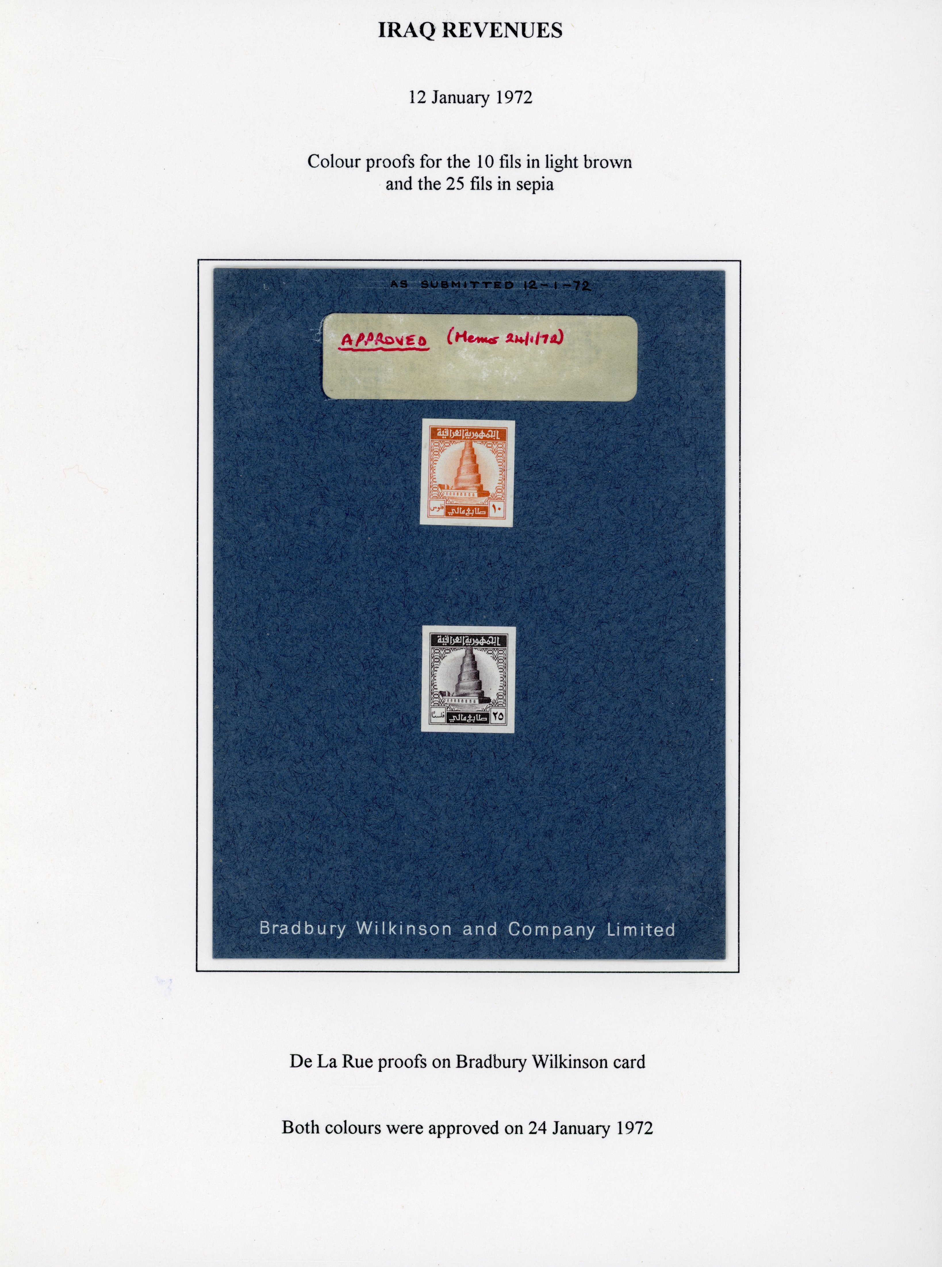 Iraq Revenue 1972 10f and 25f De La Rue proofs