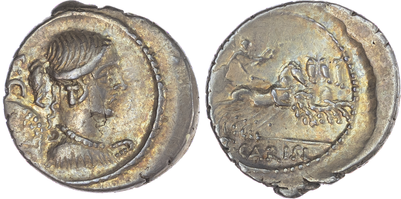 T. Carisius (46 BC) AR Denarius, Rome, 3.54g. Winged and draped bust of Victory facing right, SC behind. Rev. Victory,