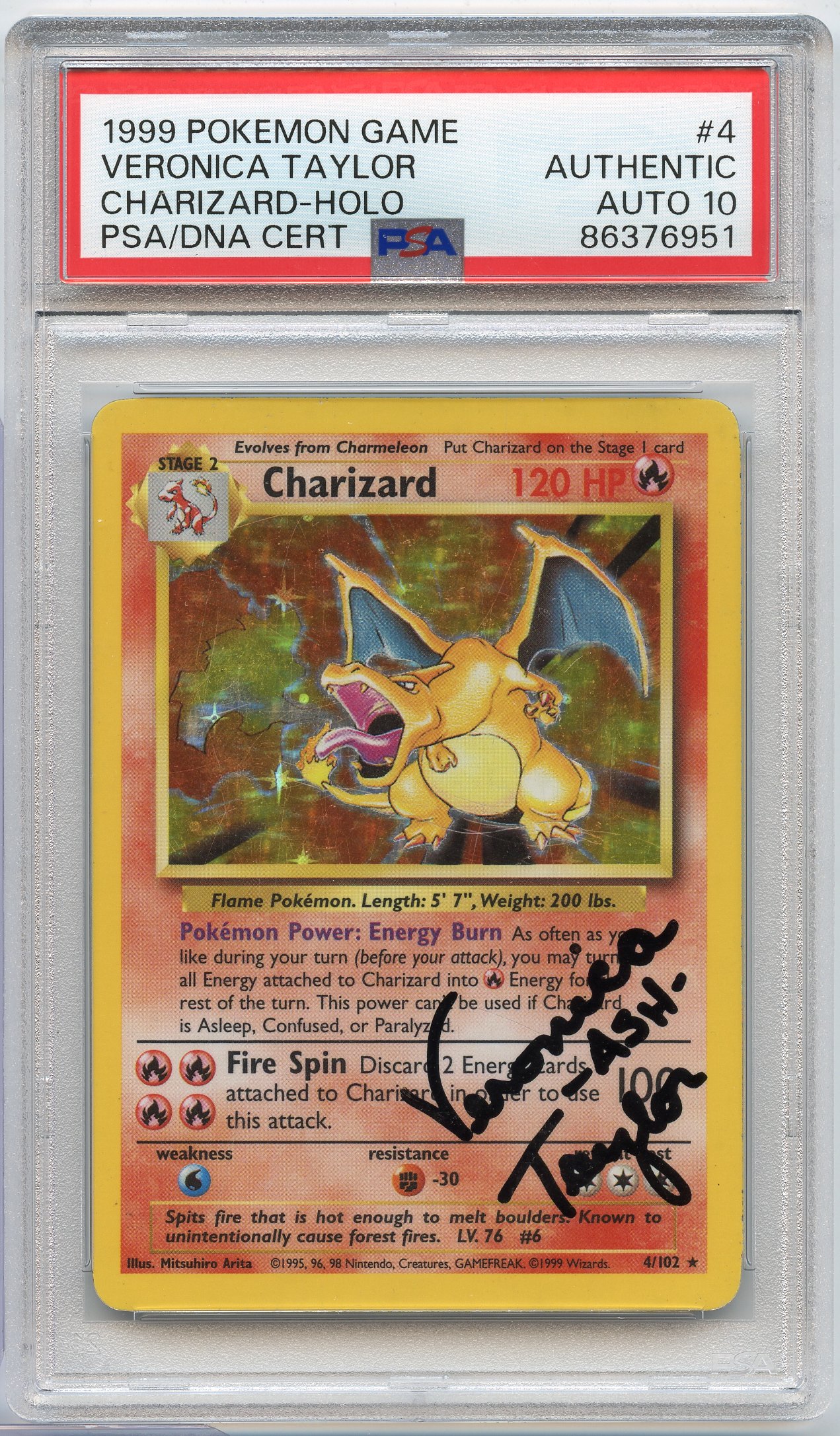 PSA Auto 10 Charizard #4 Holo Base Set - Signed by Veronica Taylor