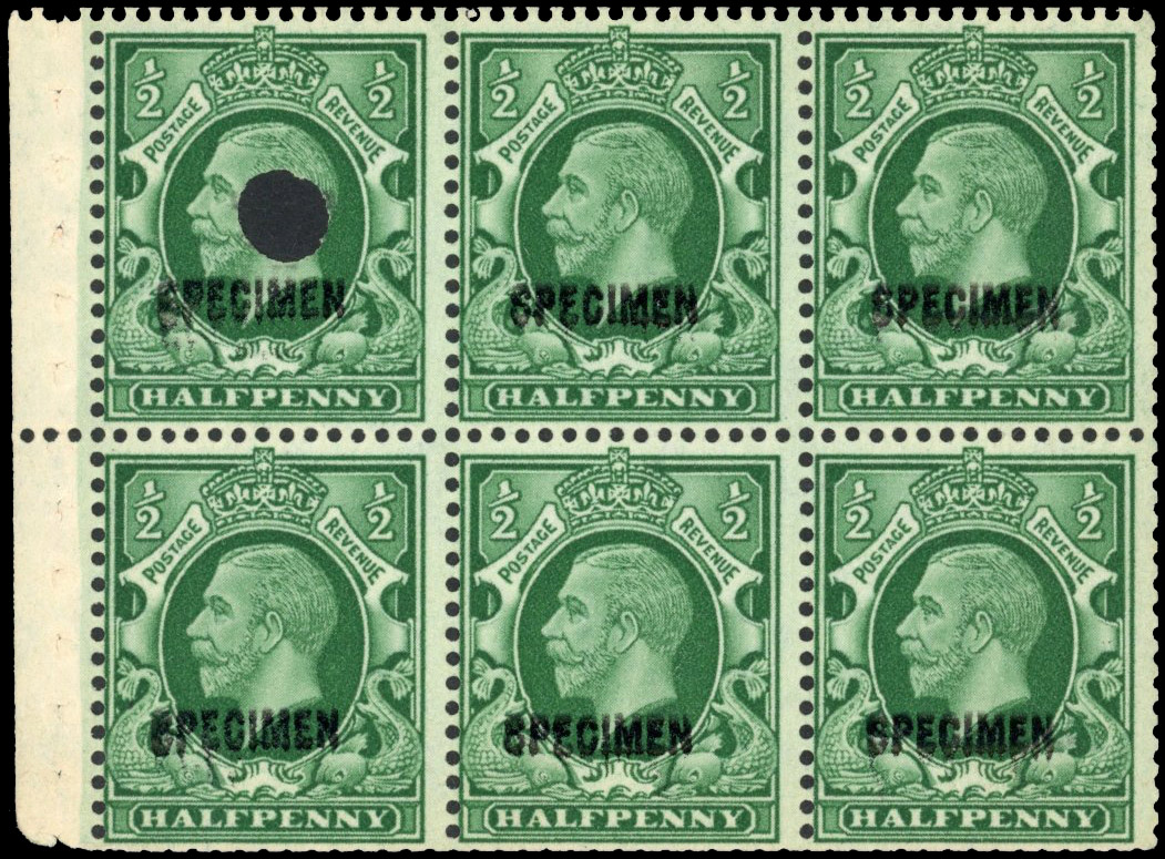 GB 1935 ½d green booklet pane SPECIMEN