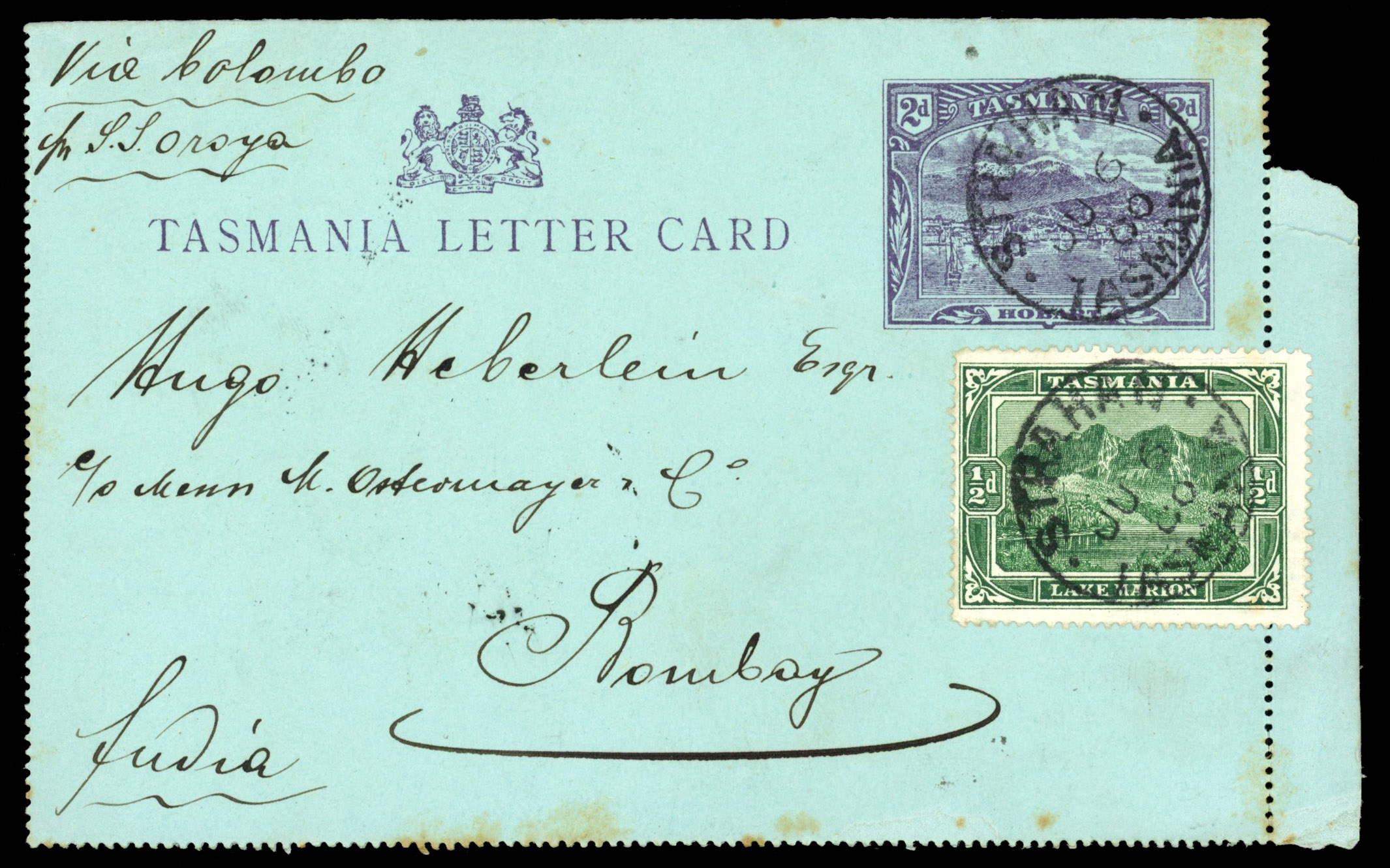 Tasmania 1900 uprated lettercard to India