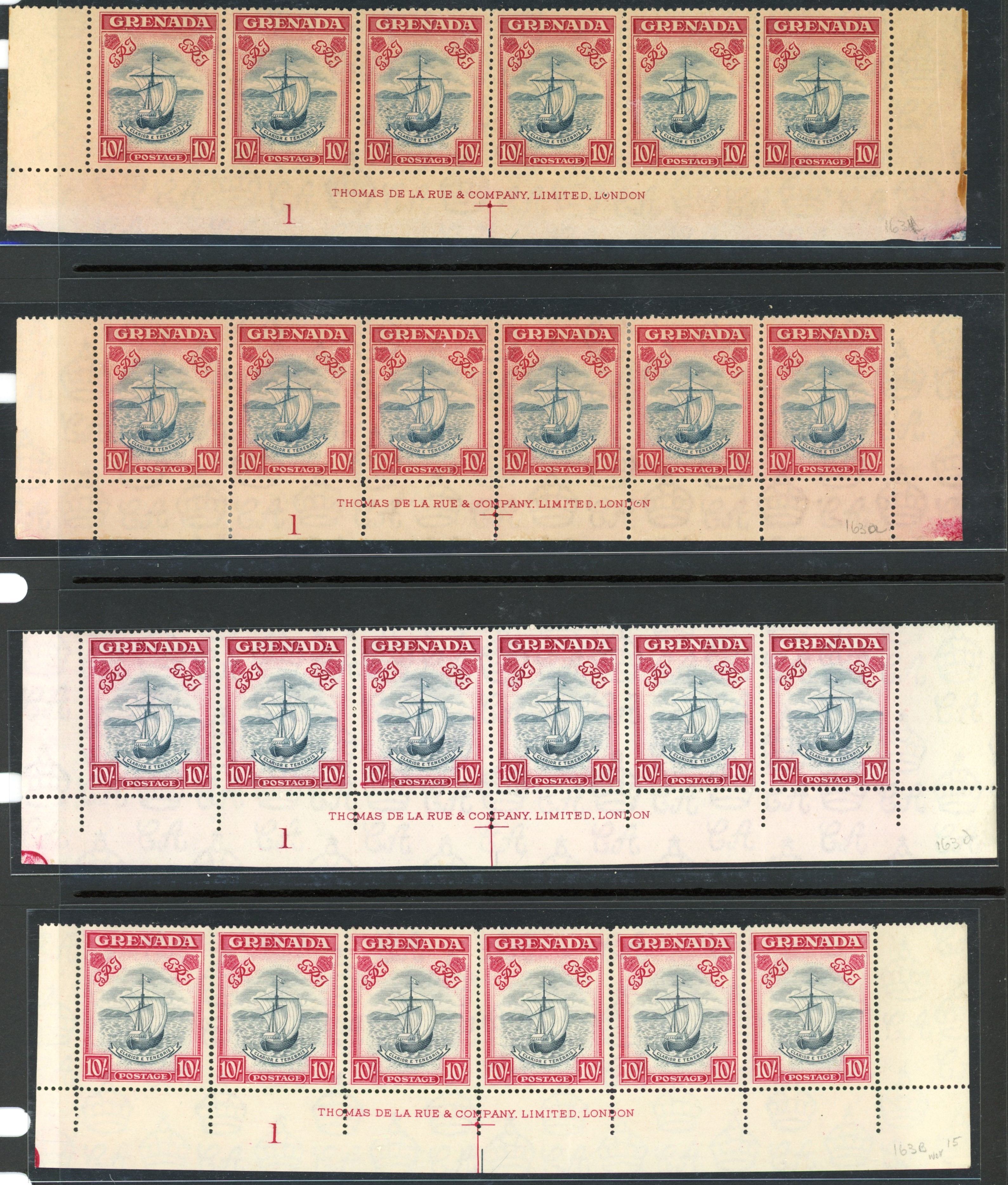 Grenada SG 163, a, d, e Plate/imprint strips mint