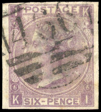 1867 6d Lilac Pl.6. Used imperforate example lettered KI,