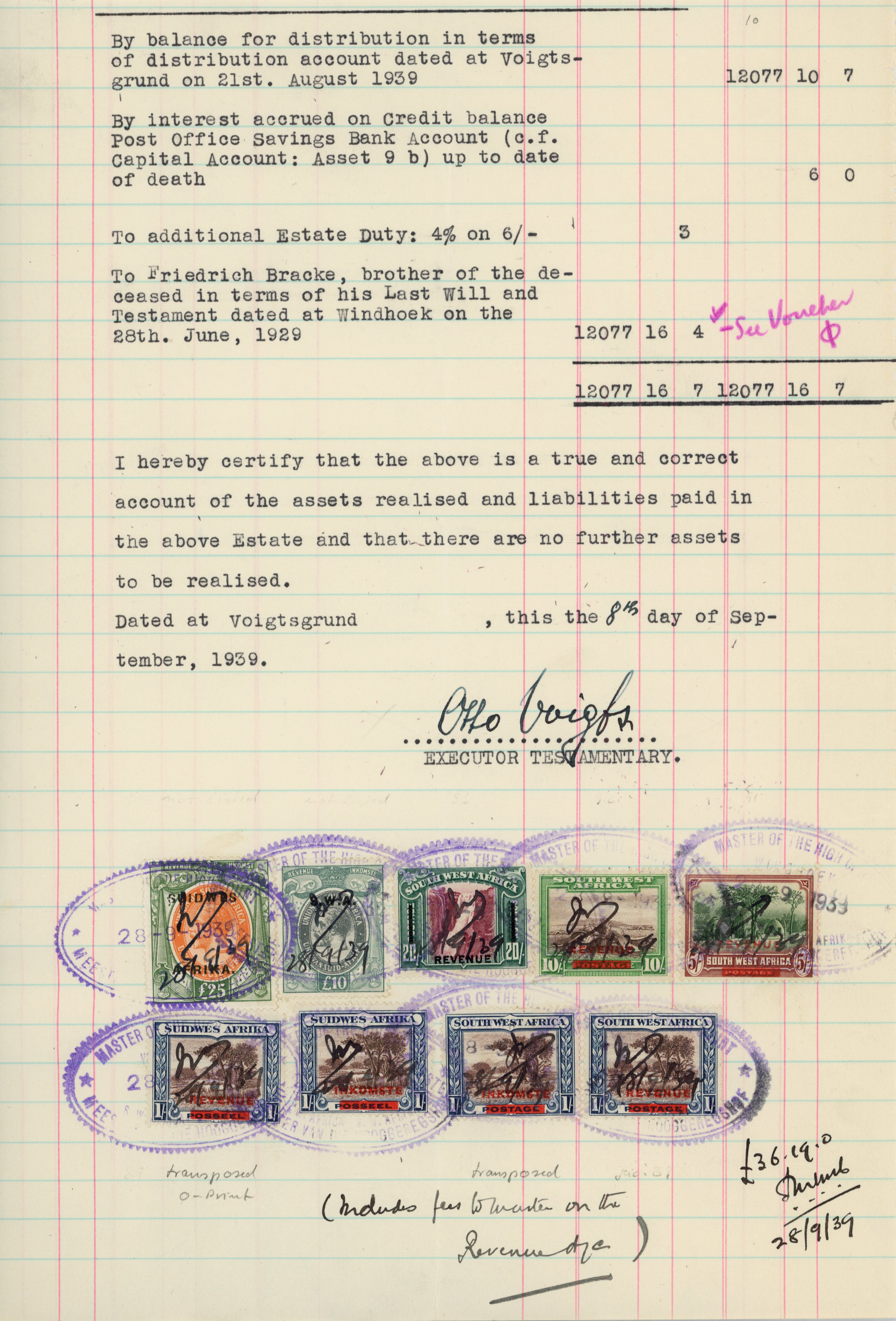 South West Africa; Revenues. Fourth 0verprint estate document