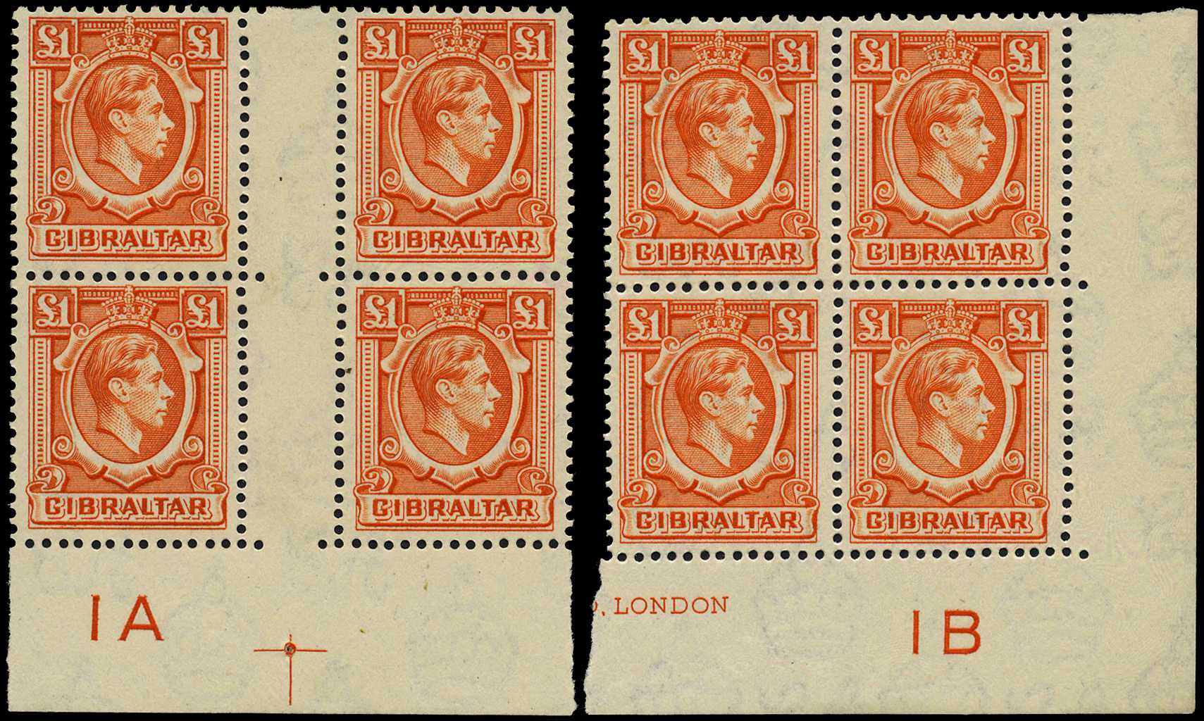 1938-51 £1 orange Plate 1A (interpanneau) and...