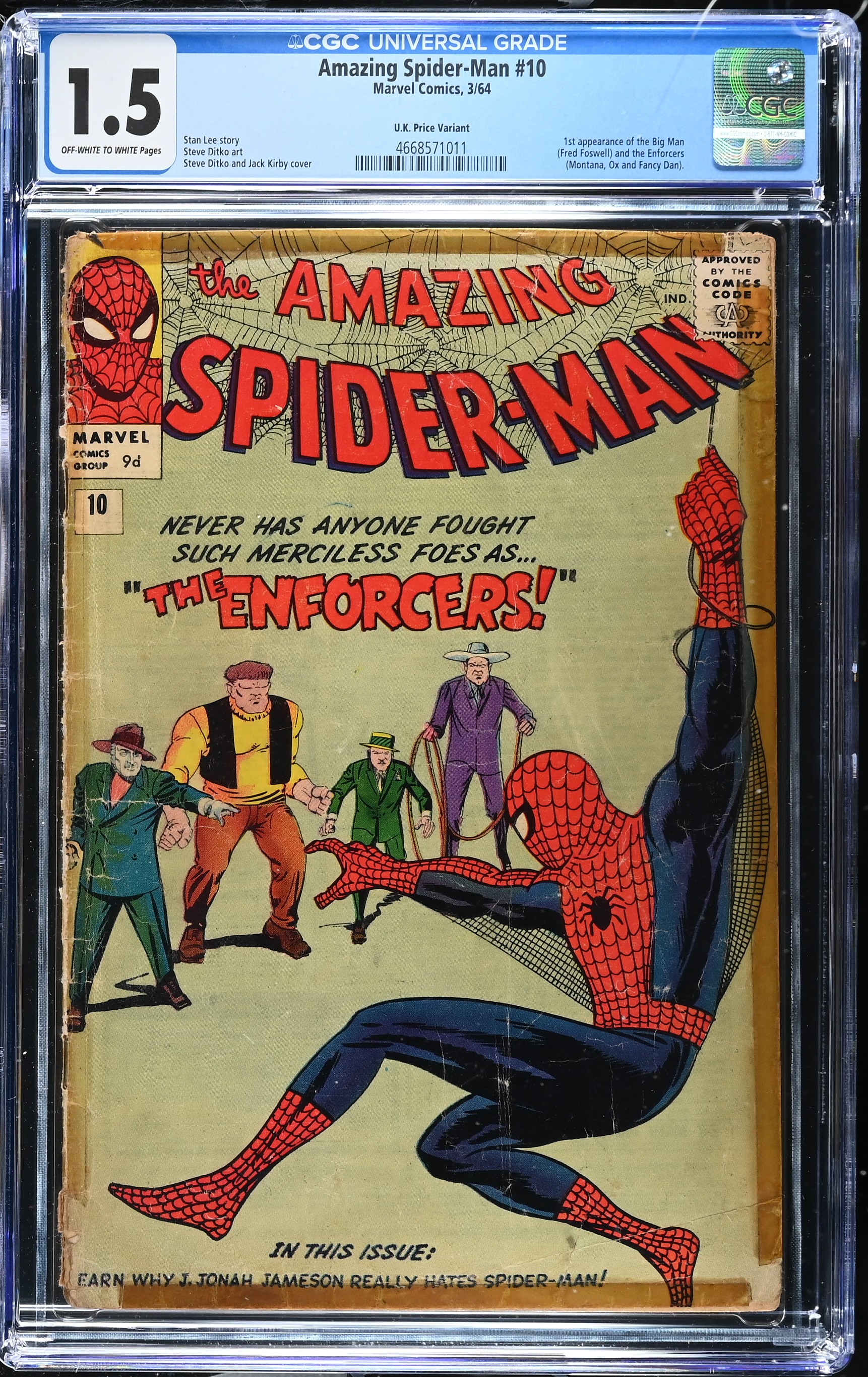 Amazing Spider-Man #10 CGC 1.5 1st Team Appearance of The Enforcers (Marvel Comics, 1964) Off-White to White Pages