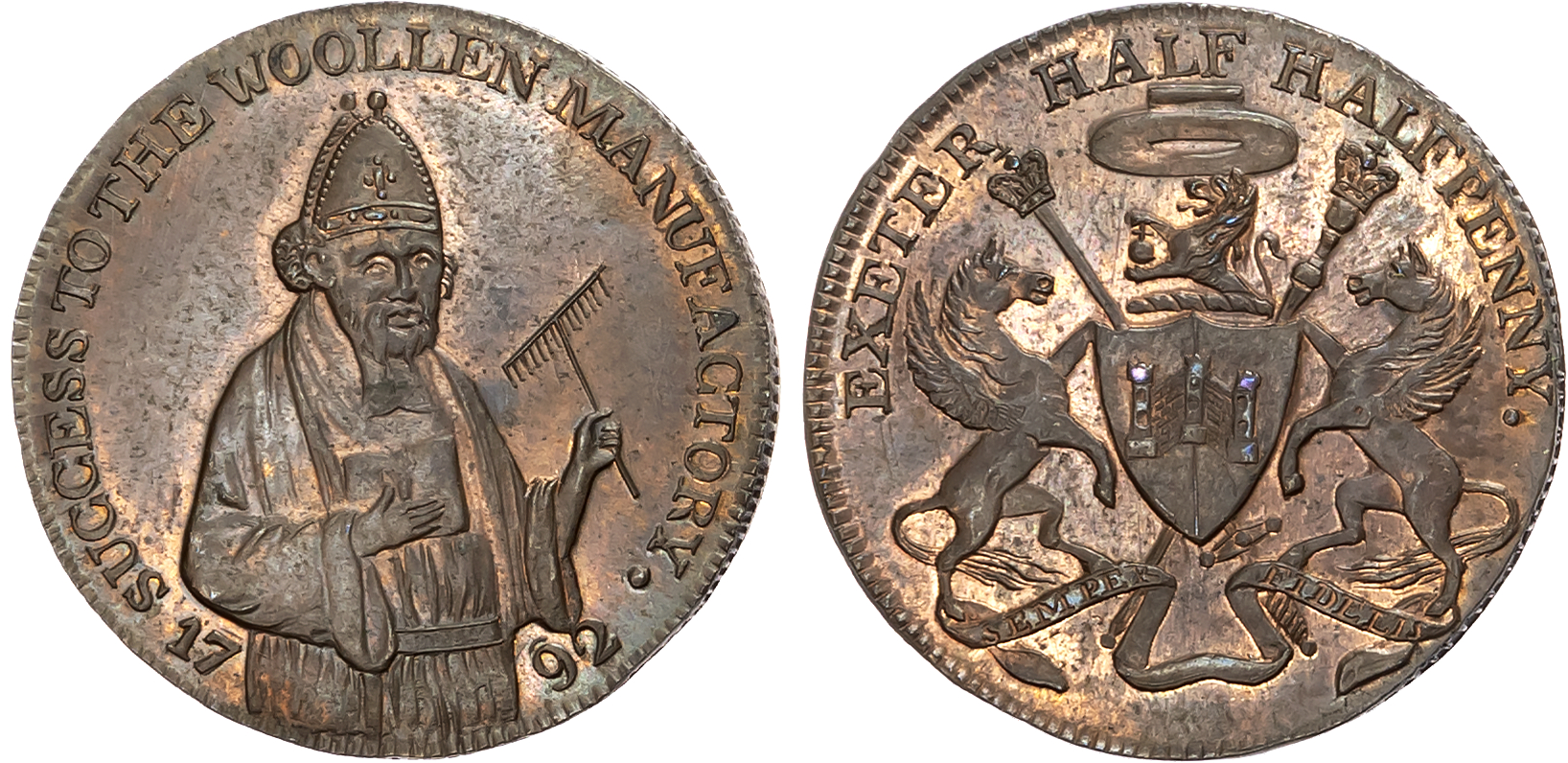 Dev. Exeter , Samuel Kingdon, Westwood’s Farthing, 1792, Bust of Bishop Blaize three-quarters right, holding wool-comb, …