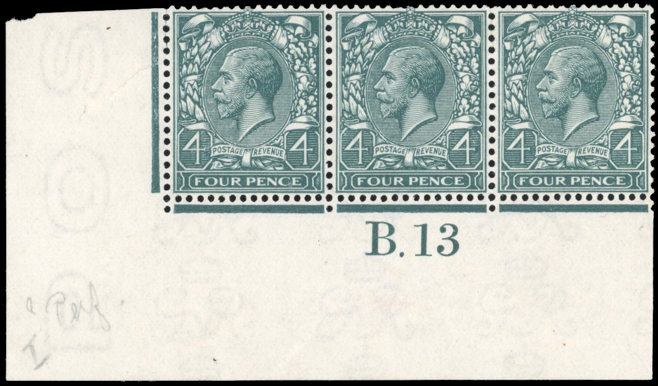 GB 1912-24 Royal Cypher 4d bluish slate-green mint B.13 mint control strip