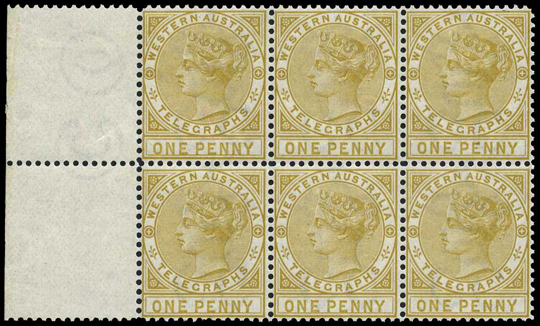 1879 1d bistre, perf. 14 left selvedge block...