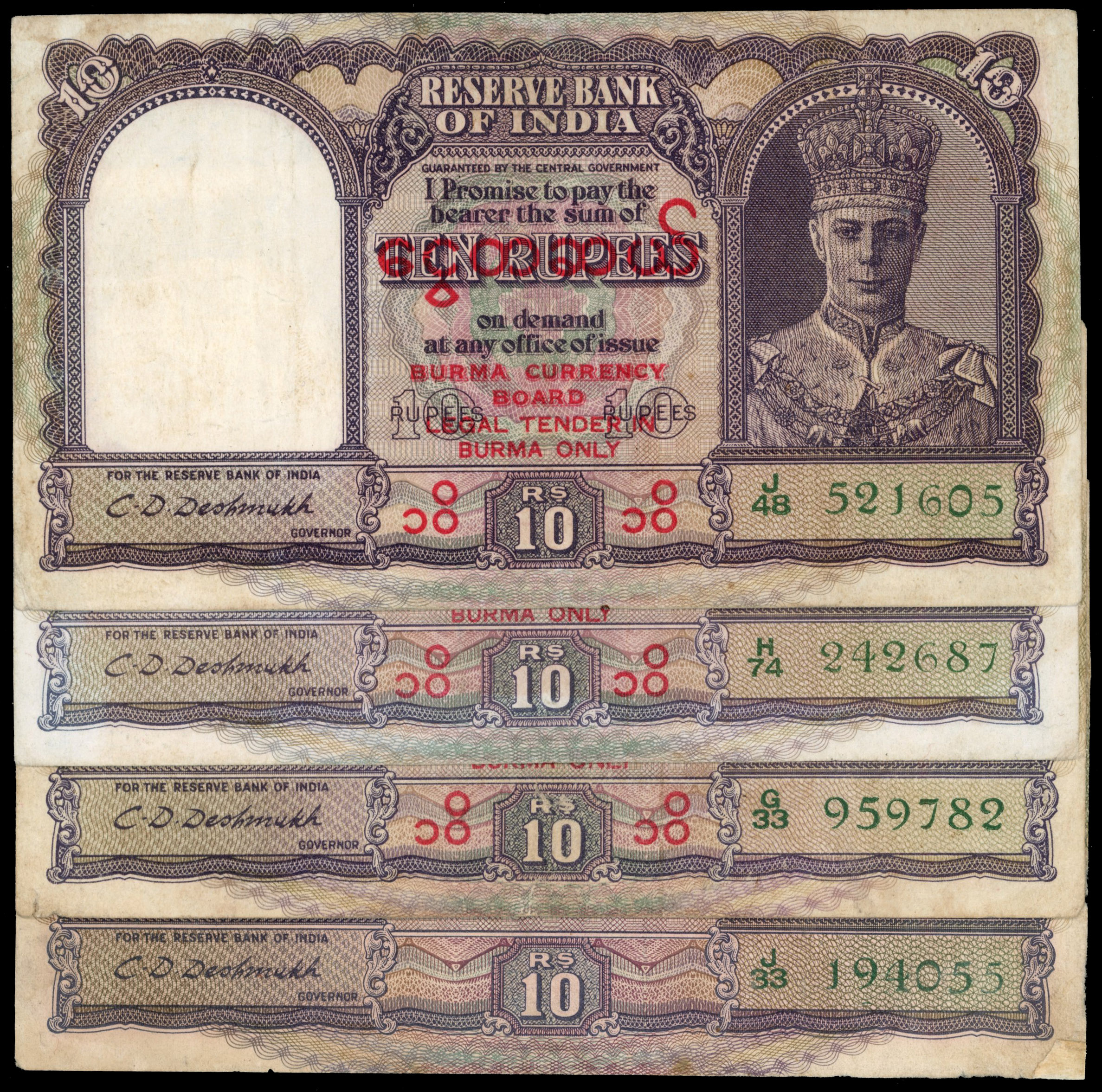 Burma, Reserve Bank of India, 10 Rupees, ND (1945), serial number H/74 242687; J/48 521605; G/33 959782; J/33 …