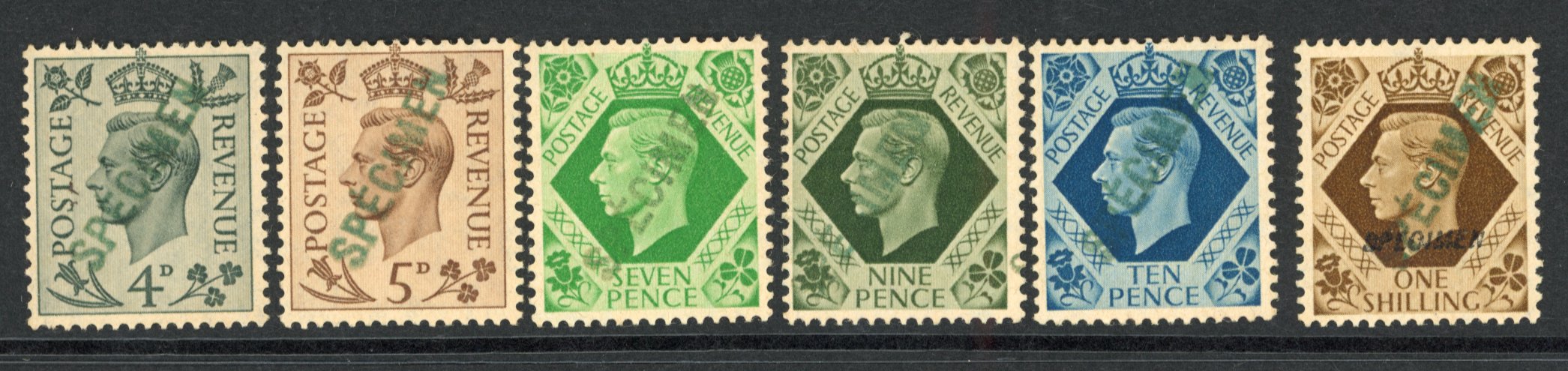 1938 4d, 5d, 7d 9d 10d & 1s. Unused o.g. group of six examples overprinted ‘SPECIMEN’ diagonally in green
