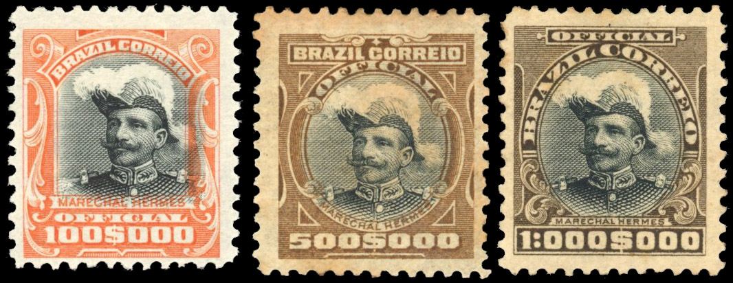 Brazil 1913 Official 100,000r, 500,000r and 1,000,000r hinged moint