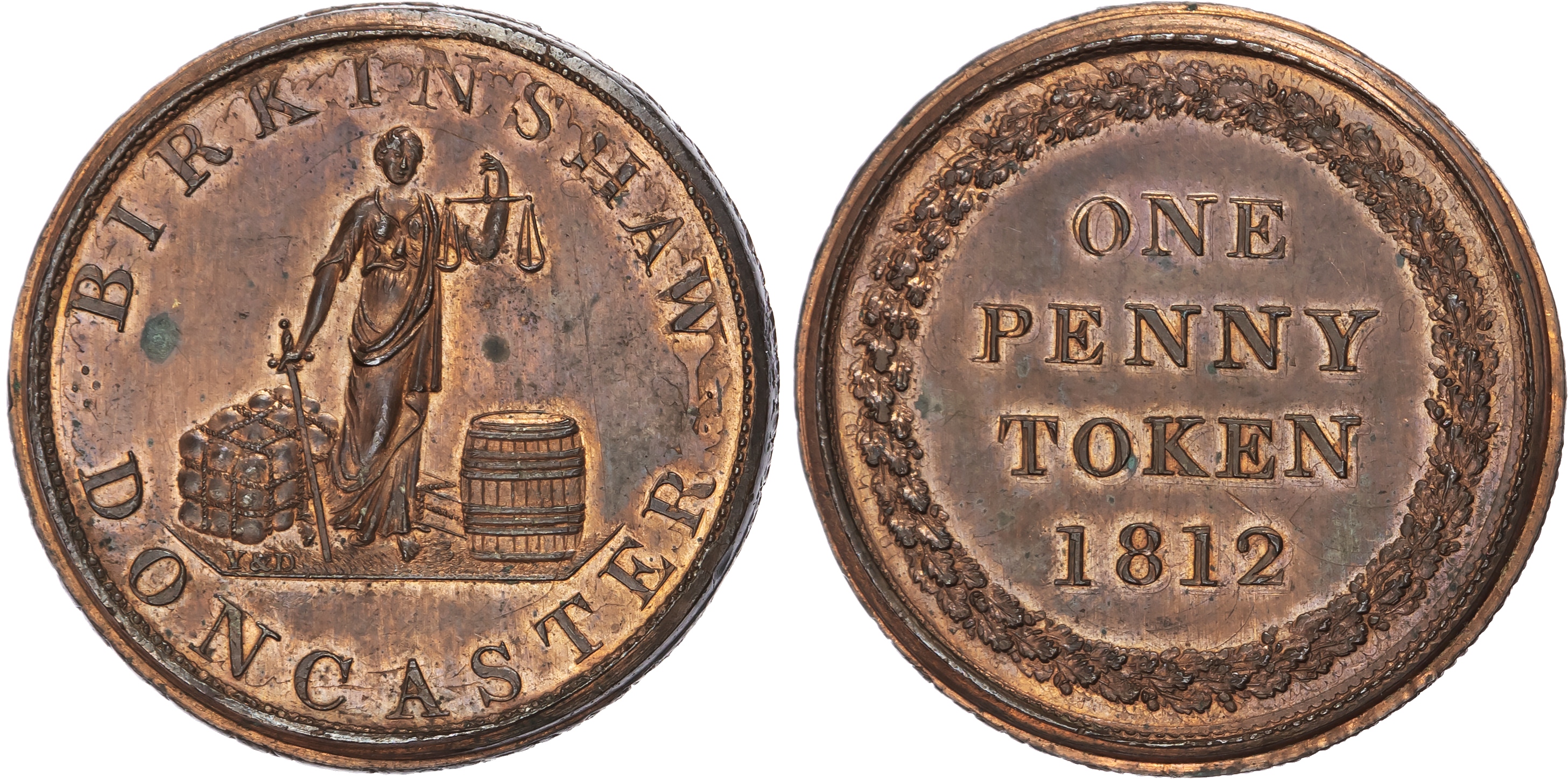 DONCASTER, Yorks , Thomas Birkinshaw. Penny 1812, Justice standing between a bale and a barrel, rev. Denom. in…