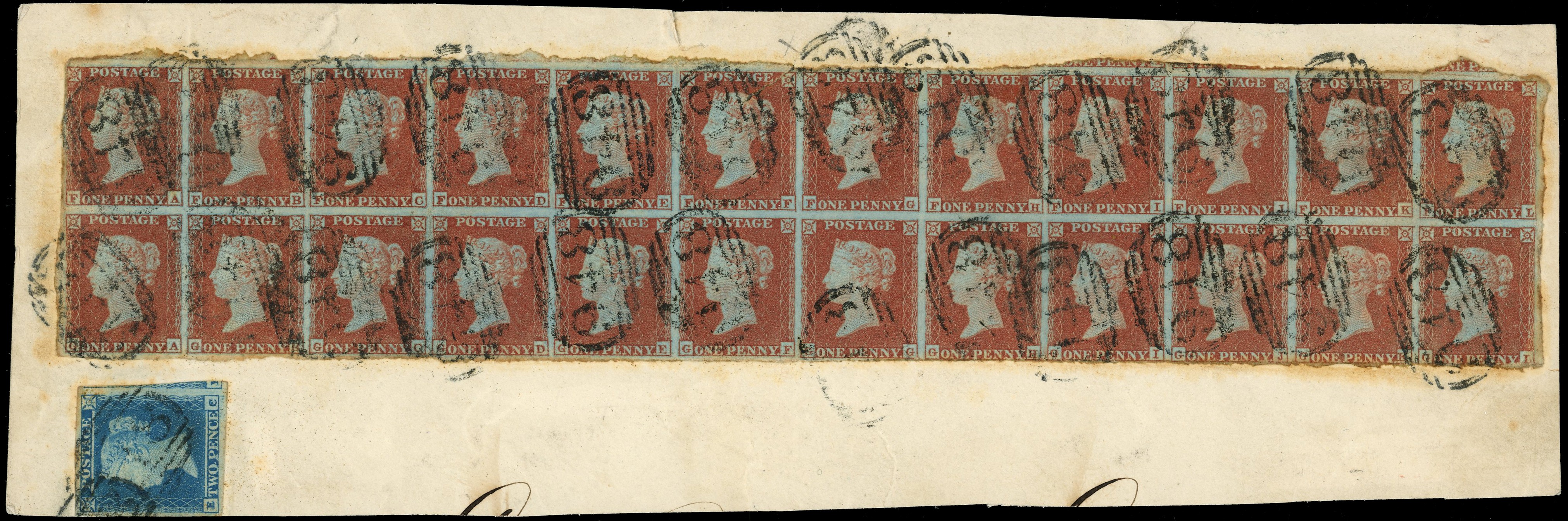 1841 1d Red-brown Pl.141. Block of 24 on piece