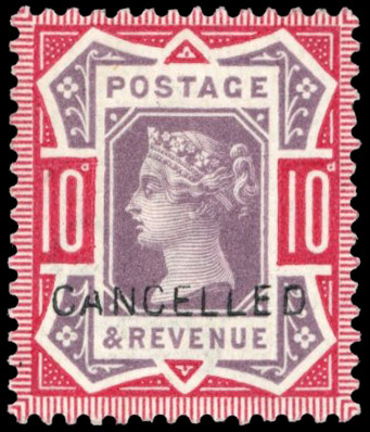 GB 1887-92 10d dull purple and carmine, optd ‘CANCELLED’ Type 14, Spec. K39t, SG 210var