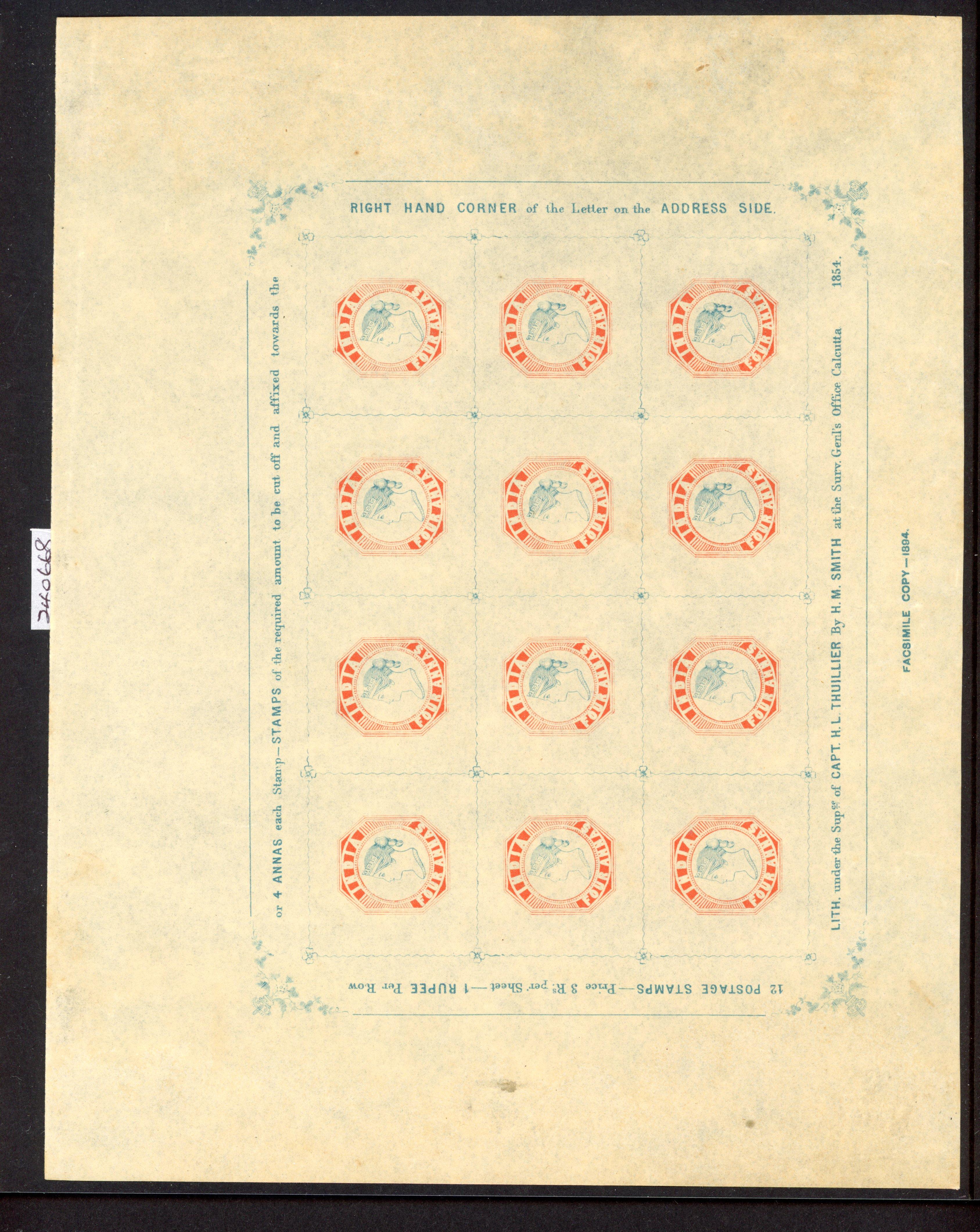 India 1854 reprints; 1894 4a sheet