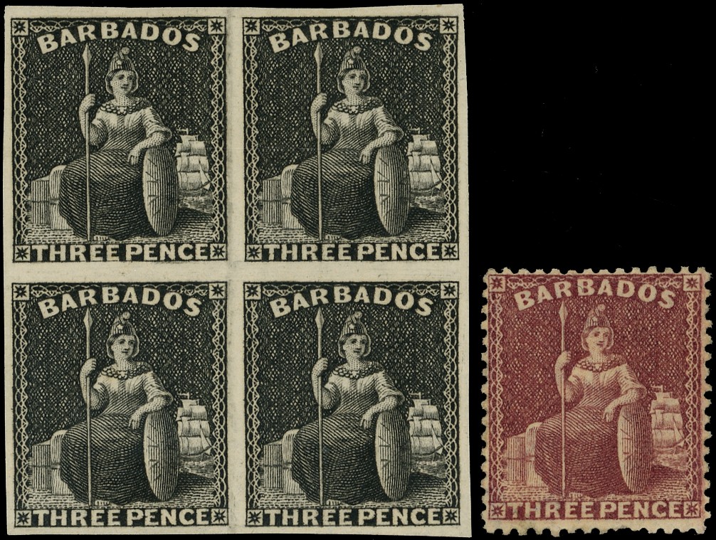 BARBADOS: 1873 3d black plate proof block of 4 good to large margins and the issued 3d brown-purple,