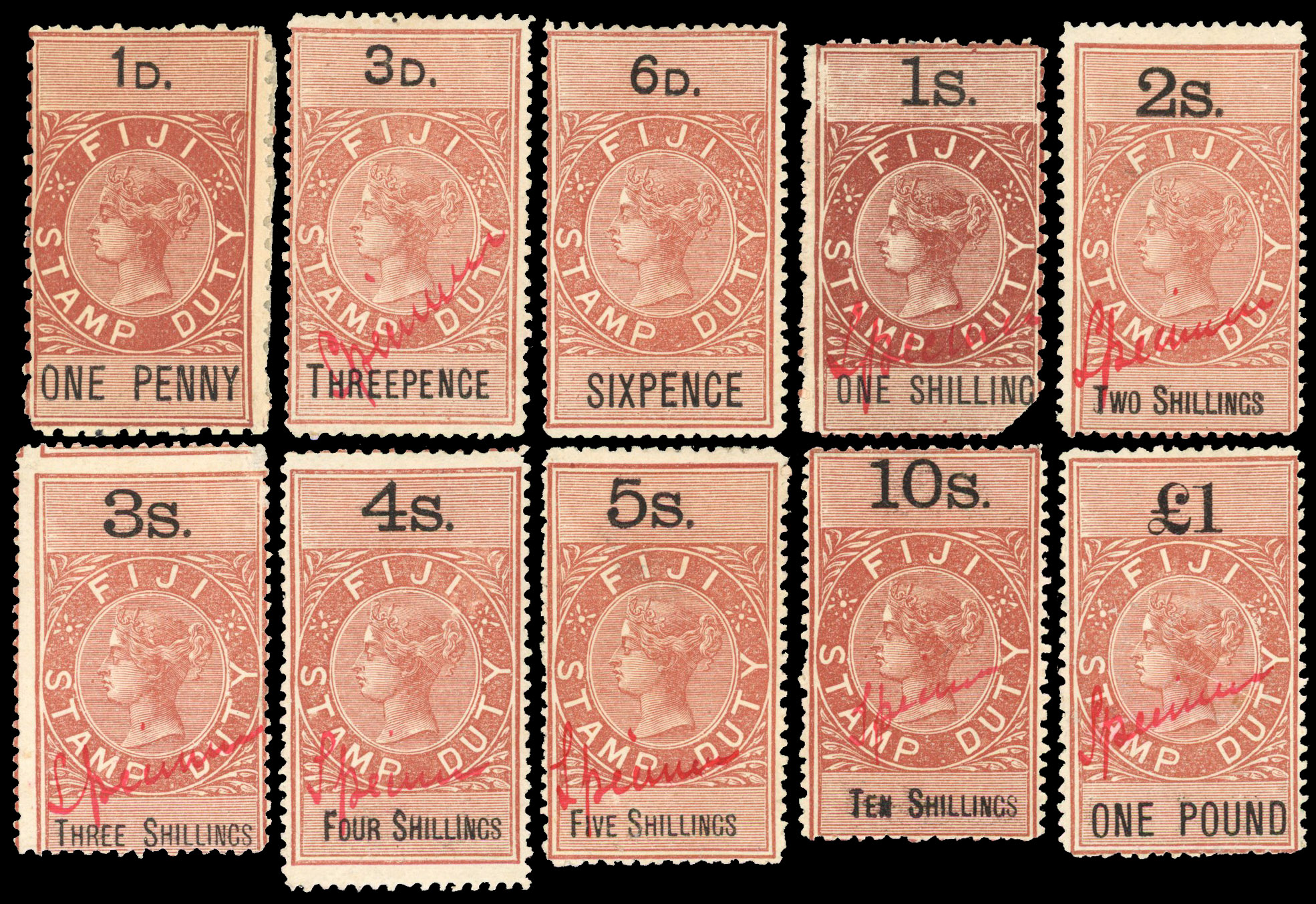 FIJI 1883 Revenue 1d to £1 complete set of ten manuscript SPECIMEN