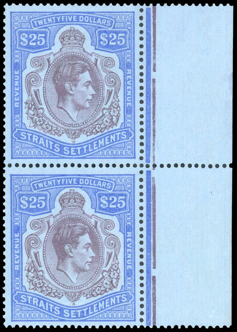 Straits Postal Fiscal 1938 $25 pair mint