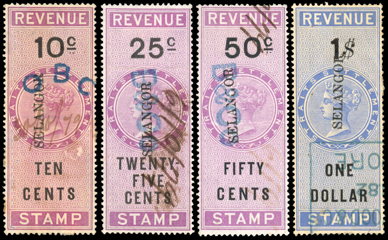 Selangor Revenues 1879 set of four overprints on Straits 'long' types