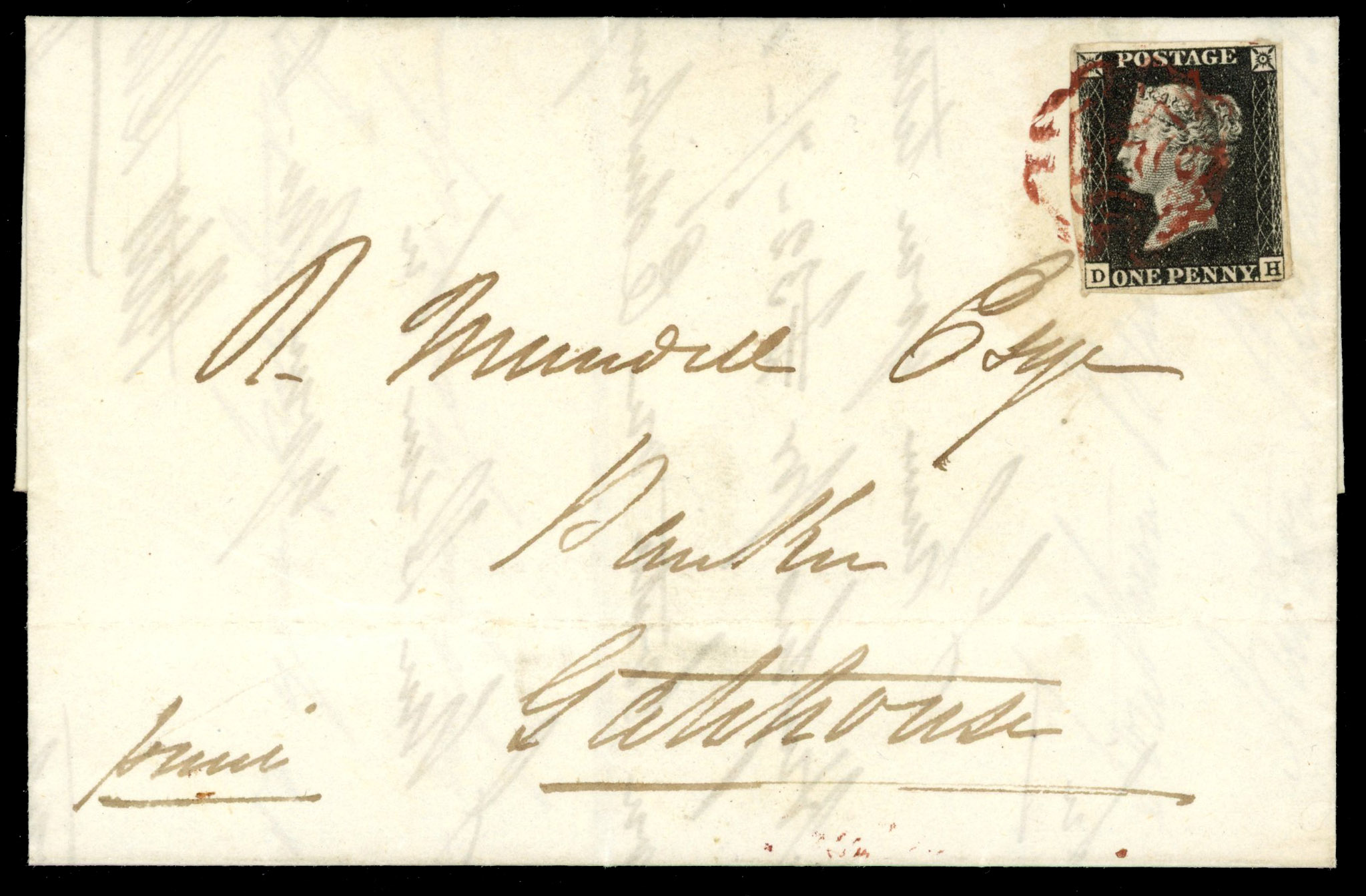 GB 1840 1d black Plate 4 (DH) on entire, maroon Newton Stewart MC
