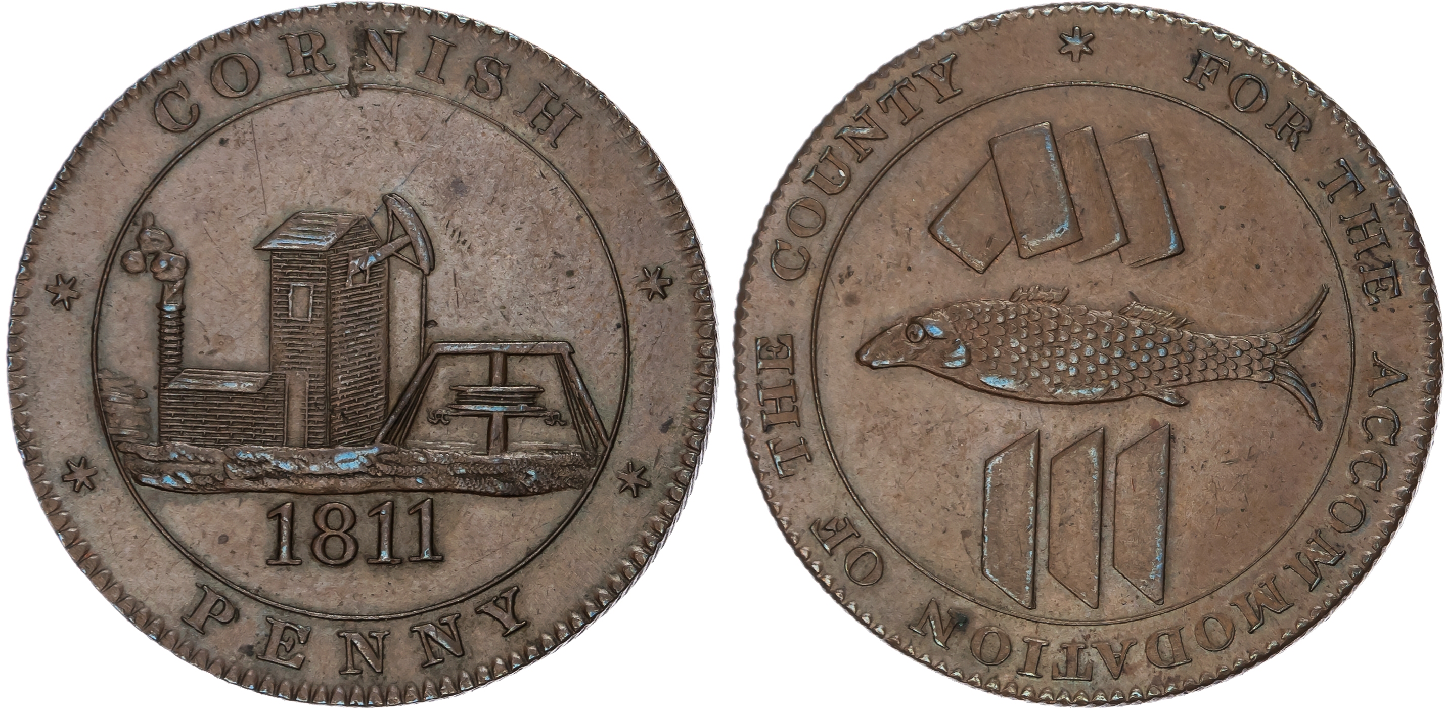 Cornwall, general circulation within the county Penny 1811, Pumping engine to a copper mine with hooks, rev. a…