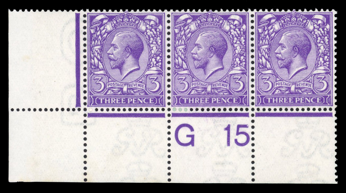 GB: 1912-24 3d deep bright bluish violet, mint unmounted o.g. control G15 strip of three with wonderful bright colour
