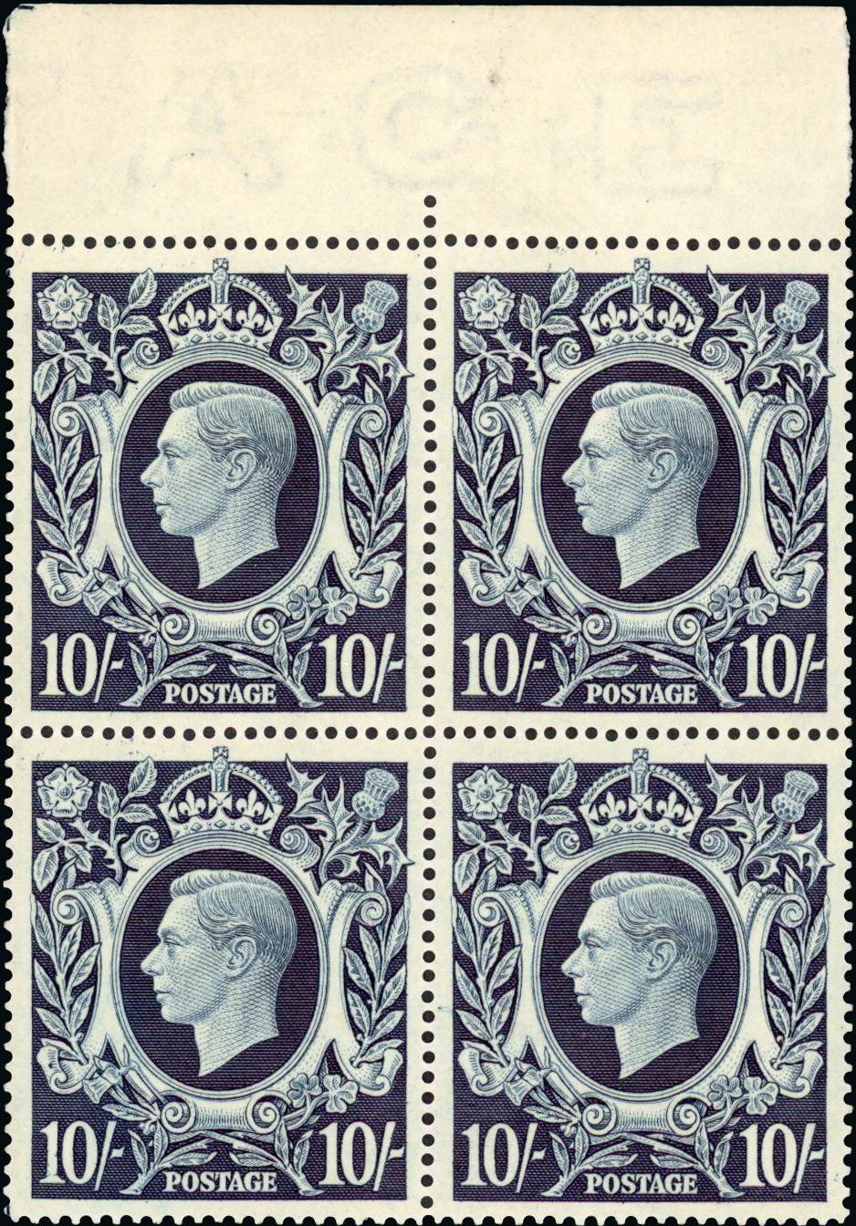 1939 10s Dark blue (SG478). Superb unmounted o.g. top marginal block of four showing "Blot on scroll"