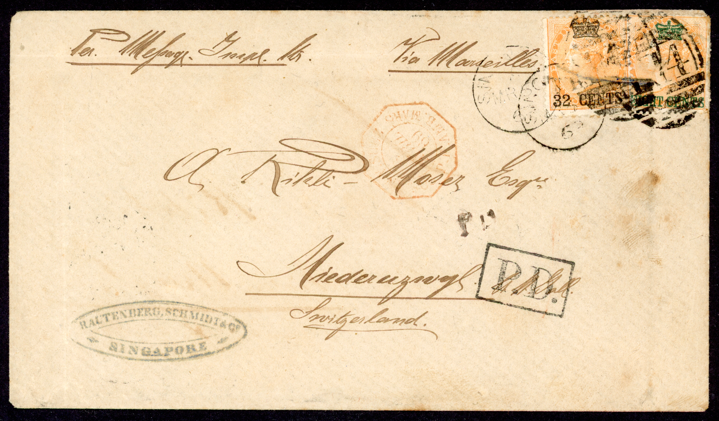 Straits Settlements SG 6, 9 1869 cover from Singapore to Switzerland 40c rate